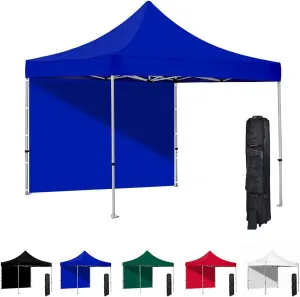Vispronet 10x10 Instant Canopy Tent and Side Wall – Commercial-Grade Aluminum Frame – Water Resistant Canopy Top and Sidewall – Includes Wheeled Canopy Bag and Stake Kit (Blue)