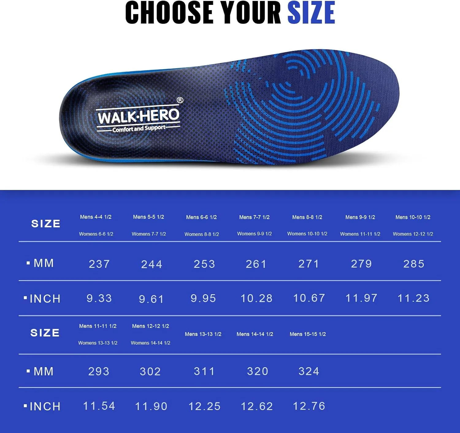 WALKHERO Medium Arch Support Insoles - Cushioning Orthotic Insoles, Plantar Fasciitis Inserts for Men & Women to Relieve Foot Pain and Provide Shock Absorption (Blue) Mens 8-8 1/2