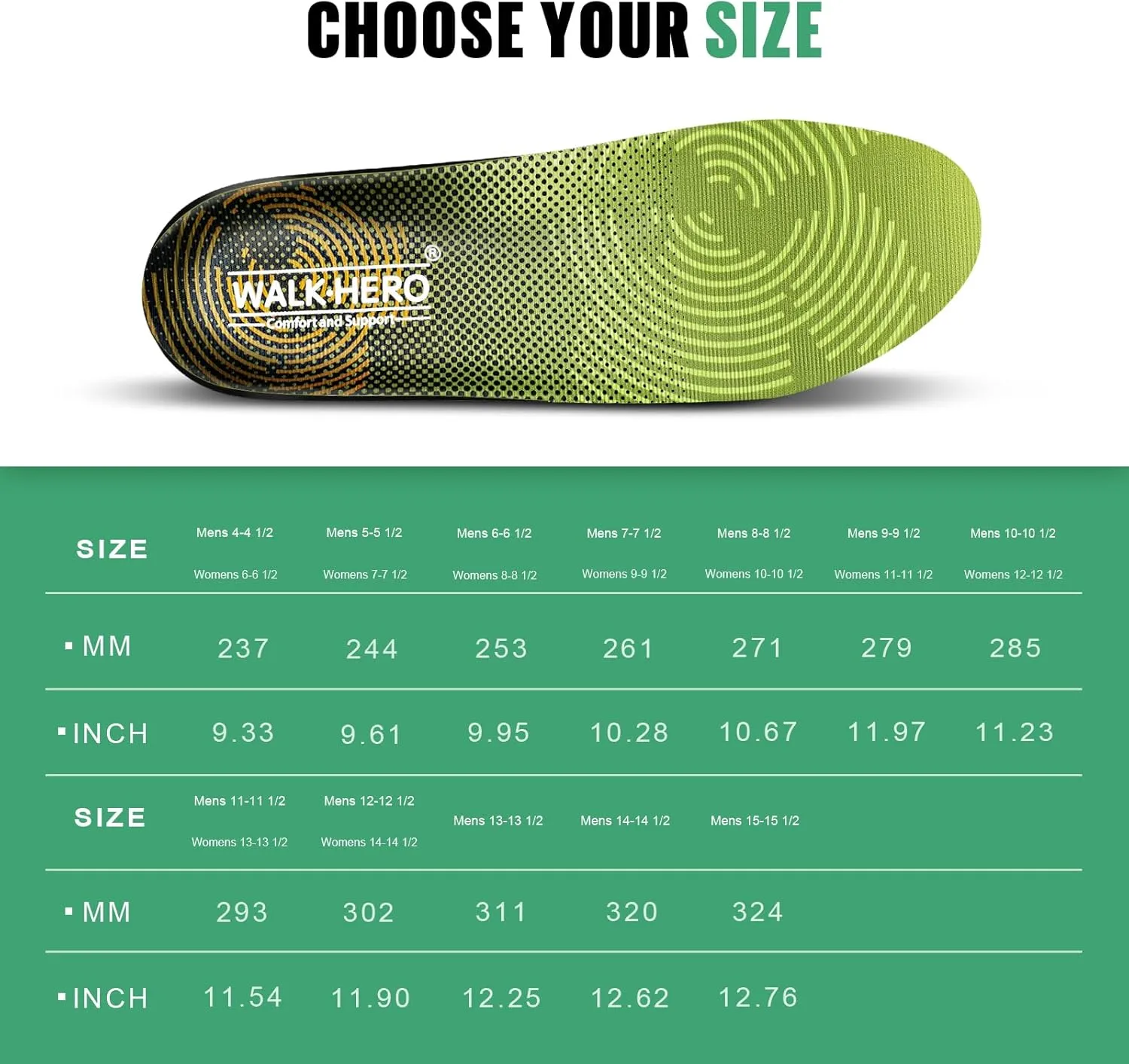 WALKHERO Medium Arch Support Insoles - Cushioning Orthotic Insoles, Plantar Fasciitis Inserts for Men & Women to Relieve Foot Pain and Provide Shock Absorption (Green) Mens 10-10 1/2