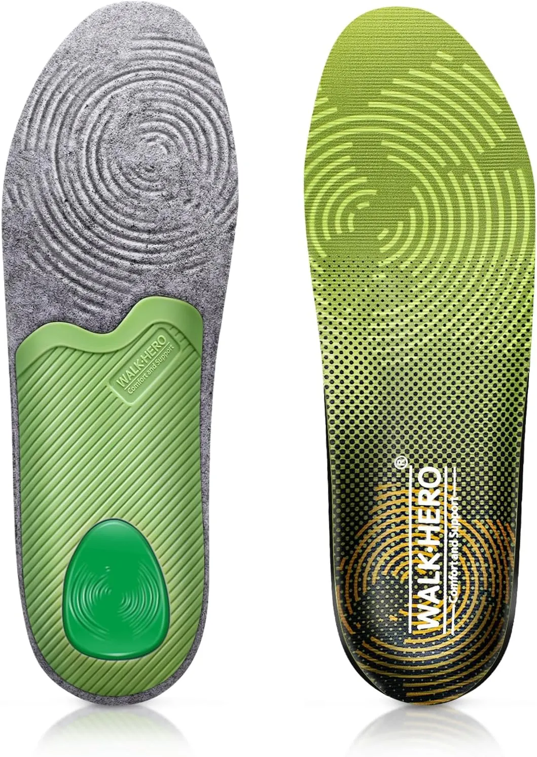 WALKHERO Medium Arch Support Insoles - Cushioning Orthotic Insoles, Plantar Fasciitis Inserts for Men & Women to Relieve Foot Pain and Provide Shock Absorption (Green) Mens 10-10 1/2
