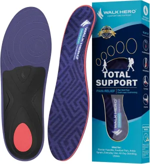 WalkHero Pain Relief Total Support Insoles - Plantar Fasciitis Inserts to Reduce Foot Fatigue and Pressure, Arch Support Inserts for Flat Feet Walking Every Day Mens 6-6.5 | Womens 8-8.5