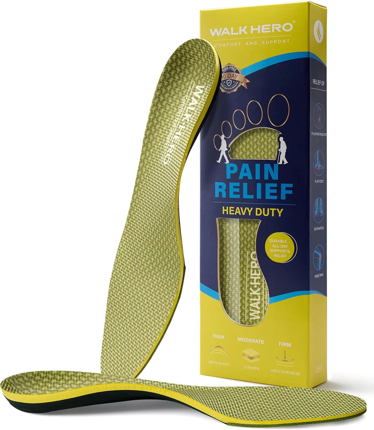 WalkHero Plantar Fasciitis Inserts - 220  lbs Heavy Duty Arch Support Insoles for Daily Walking with Shock Absorbing and Cushioning (Mens 8-8.5 | Womens 10-10.5, Olive Yellow)