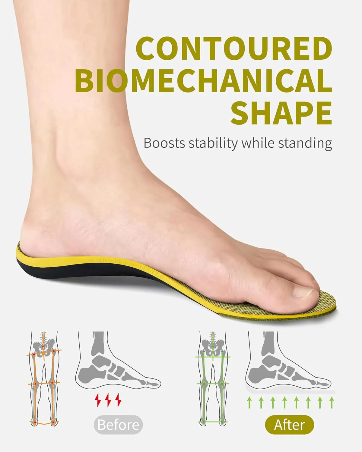 WalkHero Plantar Fasciitis Inserts - 220  lbs Heavy Duty Arch Support Insoles for Daily Walking with Shock Absorbing and Cushioning (Mens 8-8.5 | Womens 10-10.5, Olive Yellow)