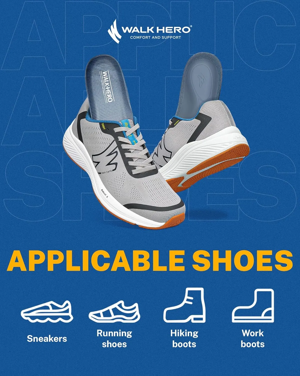 Walkhero Plantar Fasciitis Pain Relief Insoles High Arch Support Orthotic Shoes Inserts, Relieve Flat Feet and Foot Fatigue (Mens 7-7 1/2 | Womens 9-9 1/2, Gray)