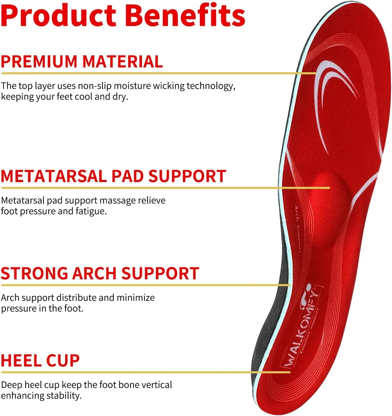 Walkomfy Pain Relief Orthotics, Plantar Fasciitis Arch Support Insoles Shoe Inserts for Maximum Support/All-Day Shock Absorption/Designed for Men and Women 27cm