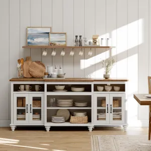 WAMAPT Buffet Cabinet with 4 Glass Doors, Large Coffee Bar Tables Wood Kitchen Storage Cabinets with 9 Storages, Modern Farmhouse Sideboard Credenza for Dining Room, Antique White, 70 inch