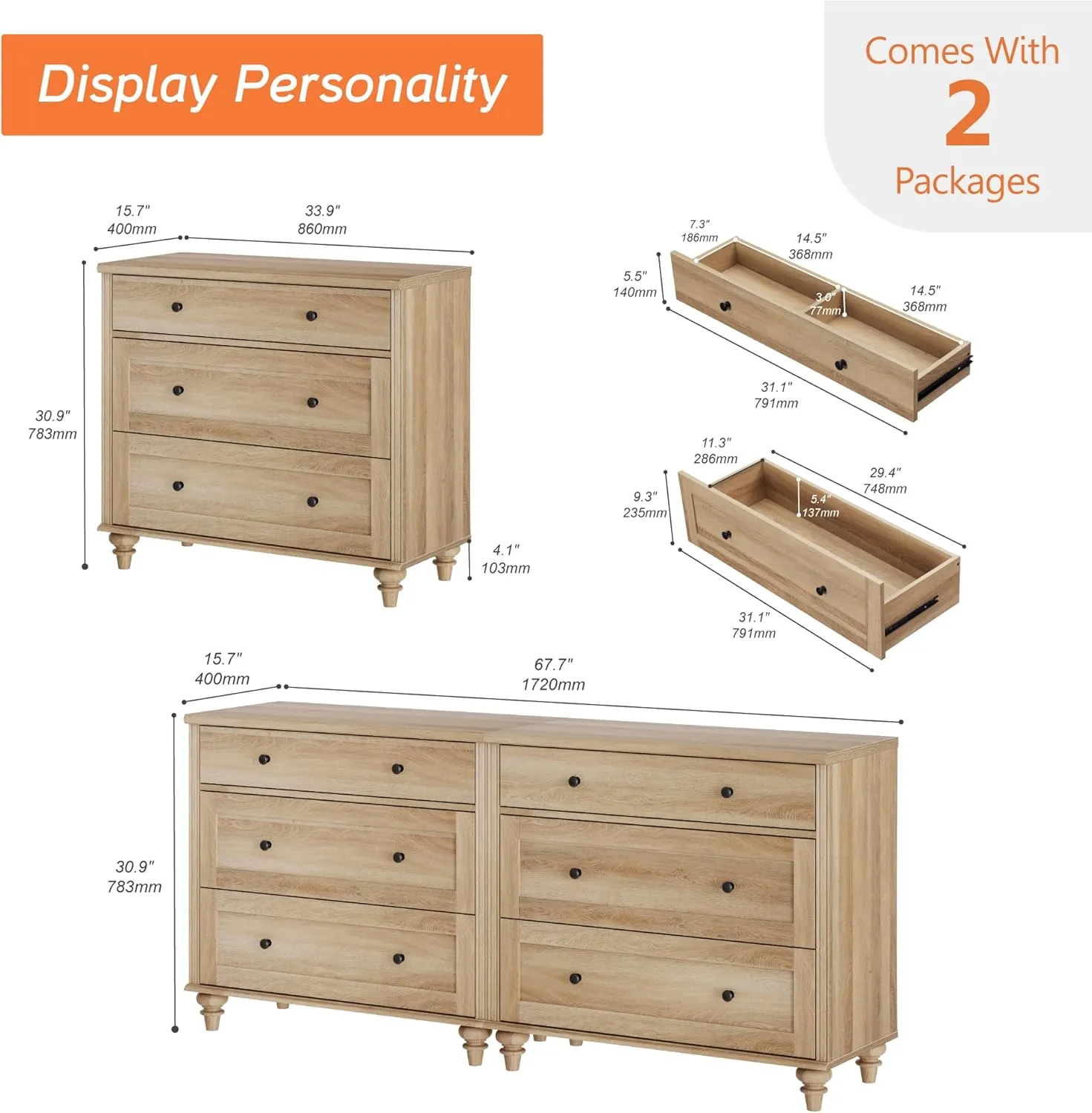 WAMPAT Dresser for Bedroom with 6 Drawers, Oak Kids Dressers with Wide Chest of Drawers, Mid Century Modern Wooden Closet Storage Organizer, Large Wood Dressers for Living Room, Nursery, Hallway