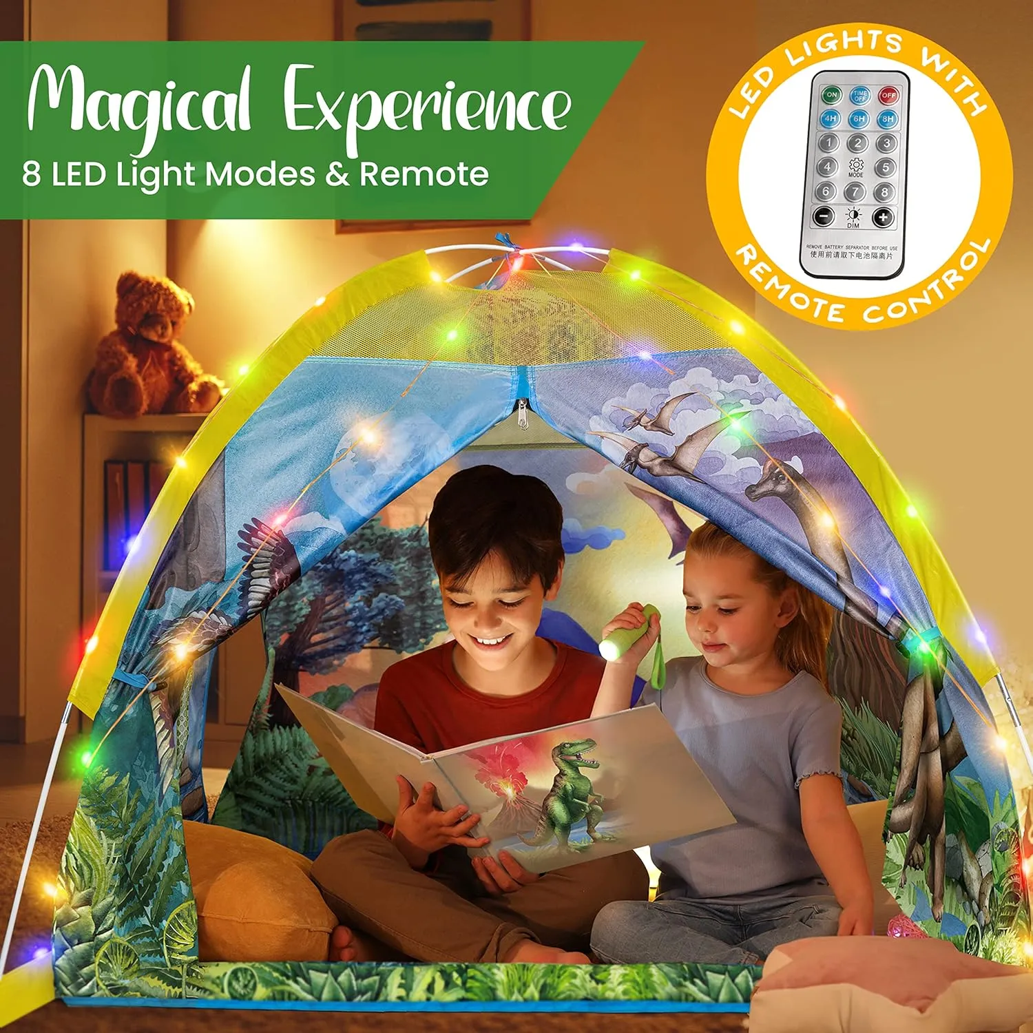 W&O Dino Super Dome with Roar Button, Dinosaur Toys and LED Lights - Epic Dinosaur Tent for Kids Aged 3-12 Perfect for Indoor & Outdoor Adventures