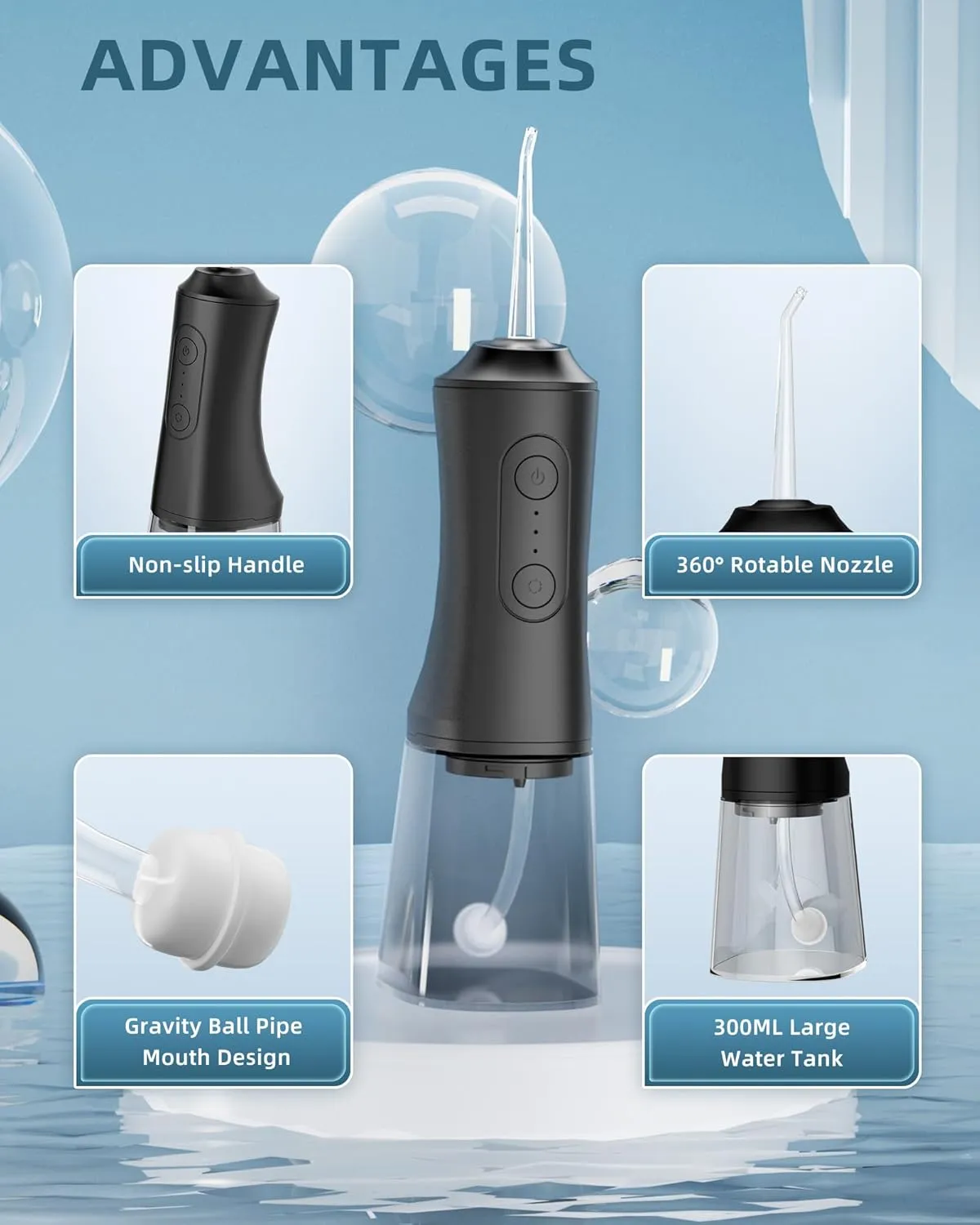 Water Flosser, Water Dental Flosser Pick for Teeth, 300ML IPX7 Waterproof Oral Irrigator, 3 Modes 4 Replaceable Jet Tips, Professional Flossing Cleaning Picks for Home Travel Gums, Braces Care (Black)