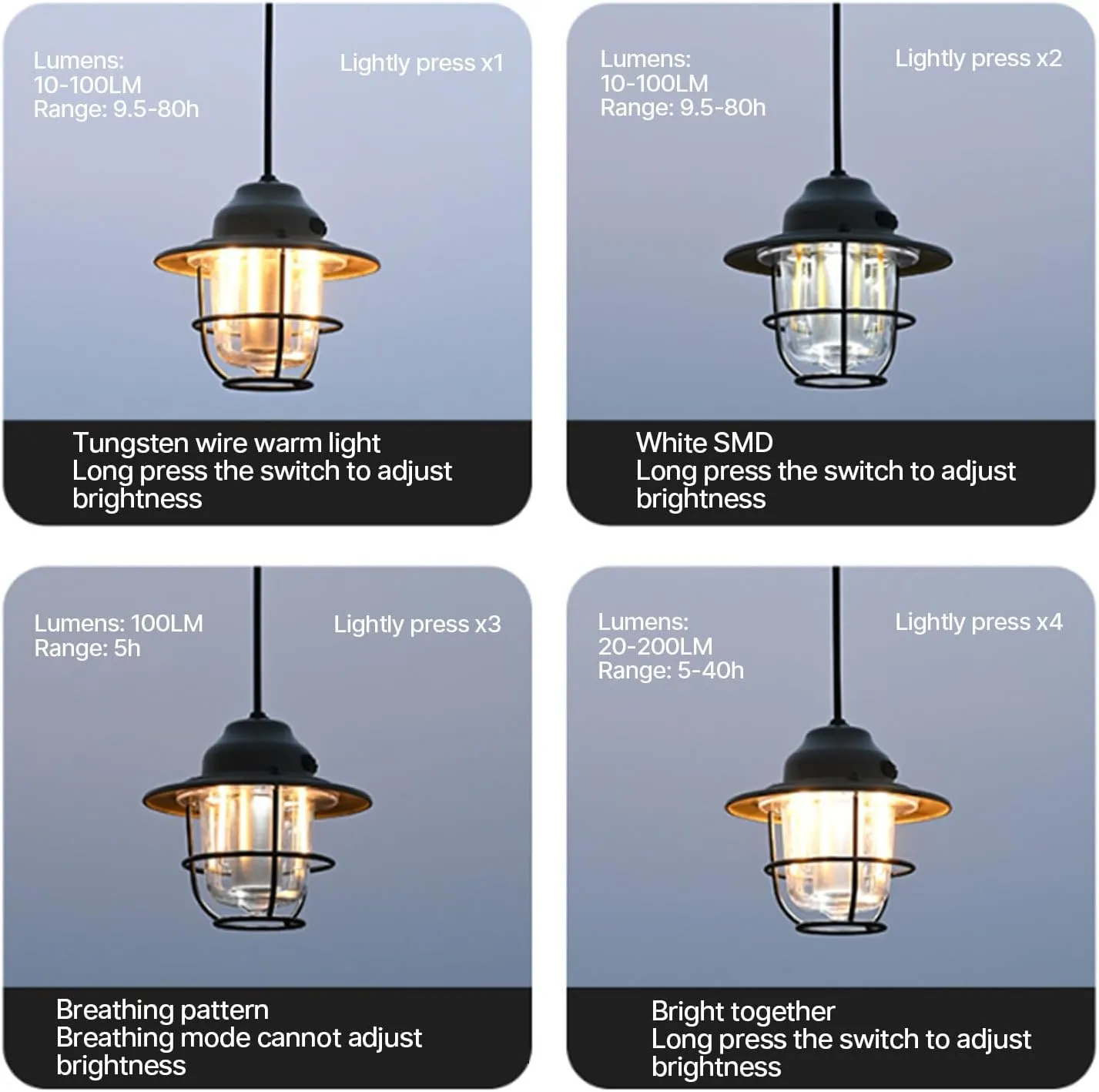Watertight Camping Light Outdoor Tent Lamp Rechargeables Lamp Decors Hangings Lamp with 4 Lighting Modes