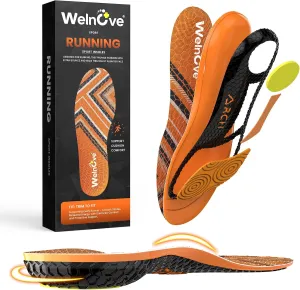 Welnove Orange Sports Shoe Insoles with Gel Forefoot & Poron Heel Cushion, High Rebound PU Foam, Velvet Surface & Anti-Slip Hexagon Pattern for Running, Jumping, Athletic Support -L