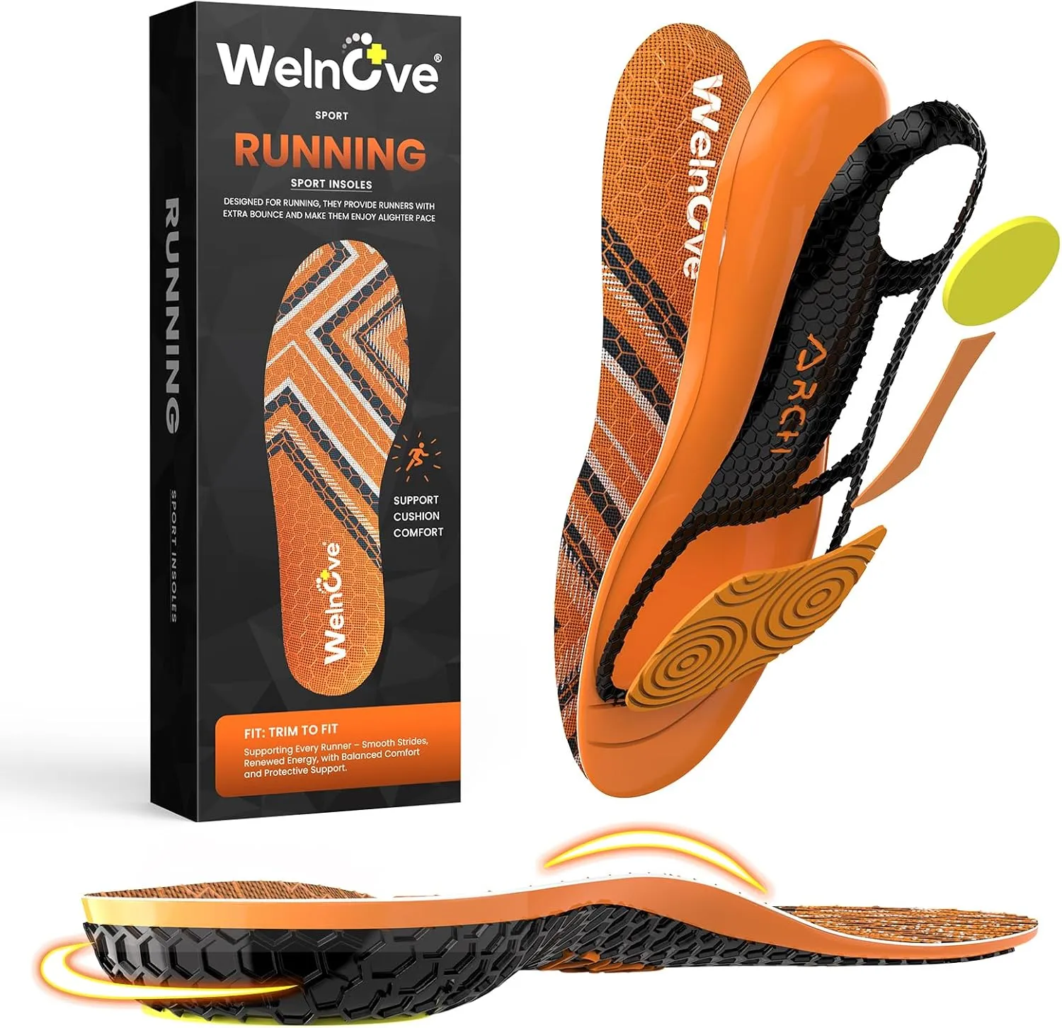 Welnove Orange Sports Shoe Insoles with Gel Forefoot & Poron Heel Cushion, High Rebound PU Foam, Velvet Surface & Anti-Slip Hexagon Pattern for Running, Jumping, Athletic Support -L