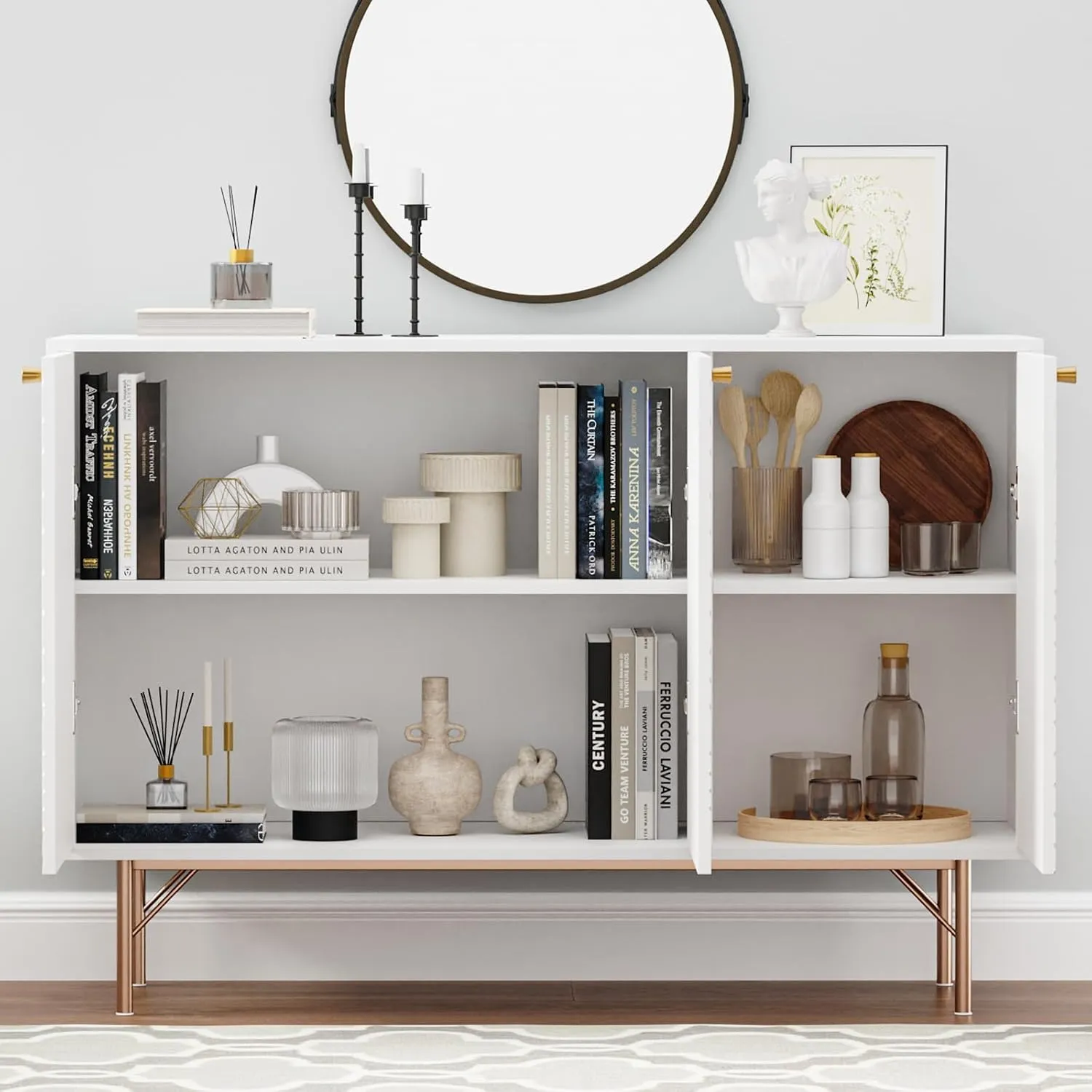 White Storage Cabinet with 3 Doors, Wood Sideboard Buffet Storage with Rose Gold Legs, Anti-tip Kit Accent Cabinet with Adjustable Shelf for Living Room, Hallway, Entryway, Dining Room
