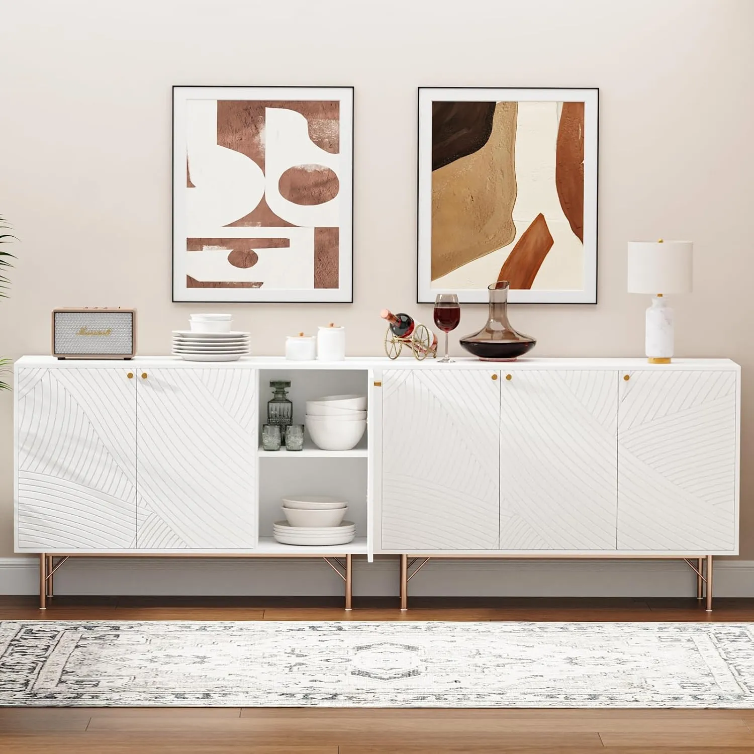 White Storage Cabinet with 3 Doors, Wood Sideboard Buffet Storage with Rose Gold Legs, Anti-tip Kit Accent Cabinet with Adjustable Shelf for Living Room, Hallway, Entryway, Dining Room
