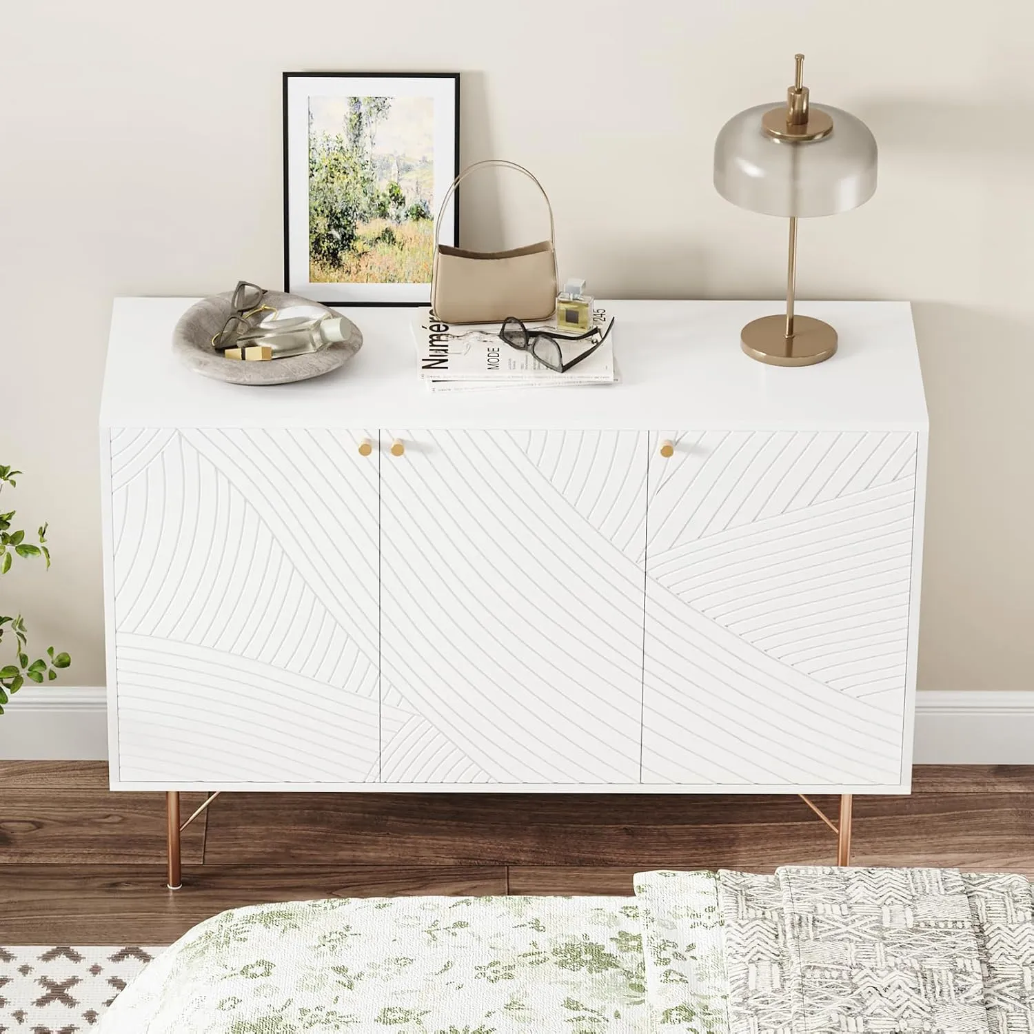 White Storage Cabinet with 3 Doors, Wood Sideboard Buffet Storage with Rose Gold Legs, Anti-tip Kit Accent Cabinet with Adjustable Shelf for Living Room, Hallway, Entryway, Dining Room
