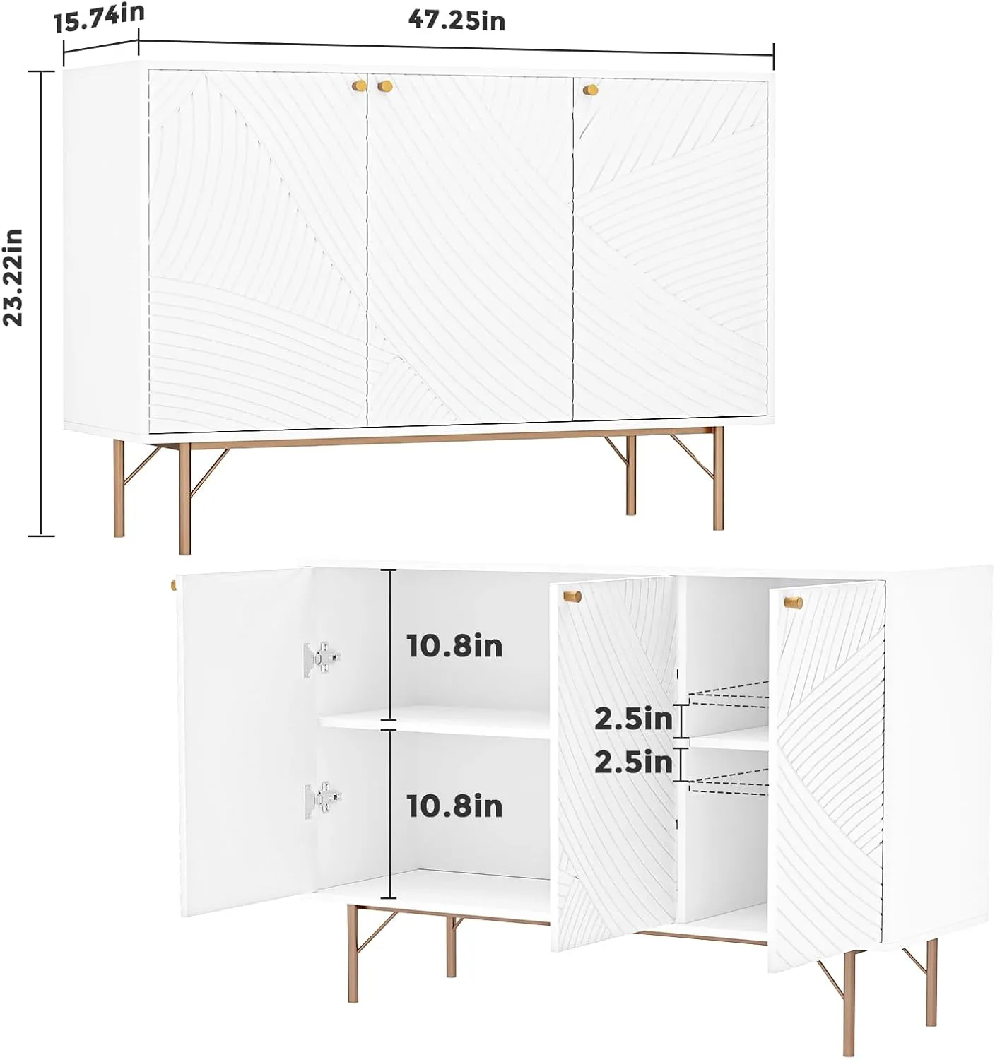 White Storage Cabinet with 3 Doors, Wood Sideboard Buffet Storage with Rose Gold Legs, Anti-tip Kit Accent Cabinet with Adjustable Shelf for Living Room, Hallway, Entryway, Dining Room