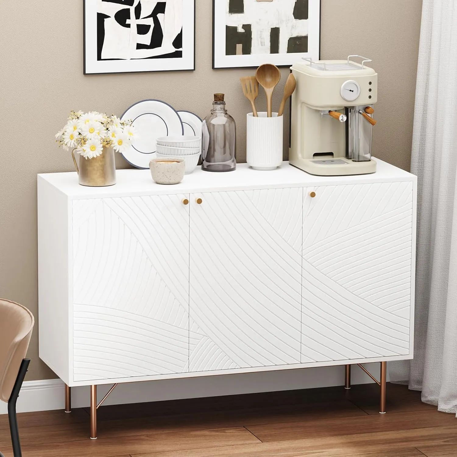 White Storage Cabinet with 3 Doors, Wood Sideboard Buffet Storage with Rose Gold Legs, Anti-tip Kit Accent Cabinet with Adjustable Shelf for Living Room, Hallway, Entryway, Dining Room