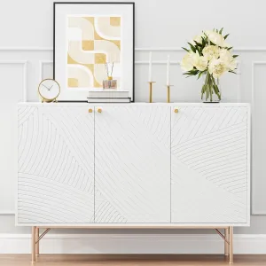 White Storage Cabinet with 3 Doors, Wood Sideboard Buffet Storage with Rose Gold Legs, Anti-tip Kit Accent Cabinet with Adjustable Shelf for Living Room, Hallway, Entryway, Dining Room