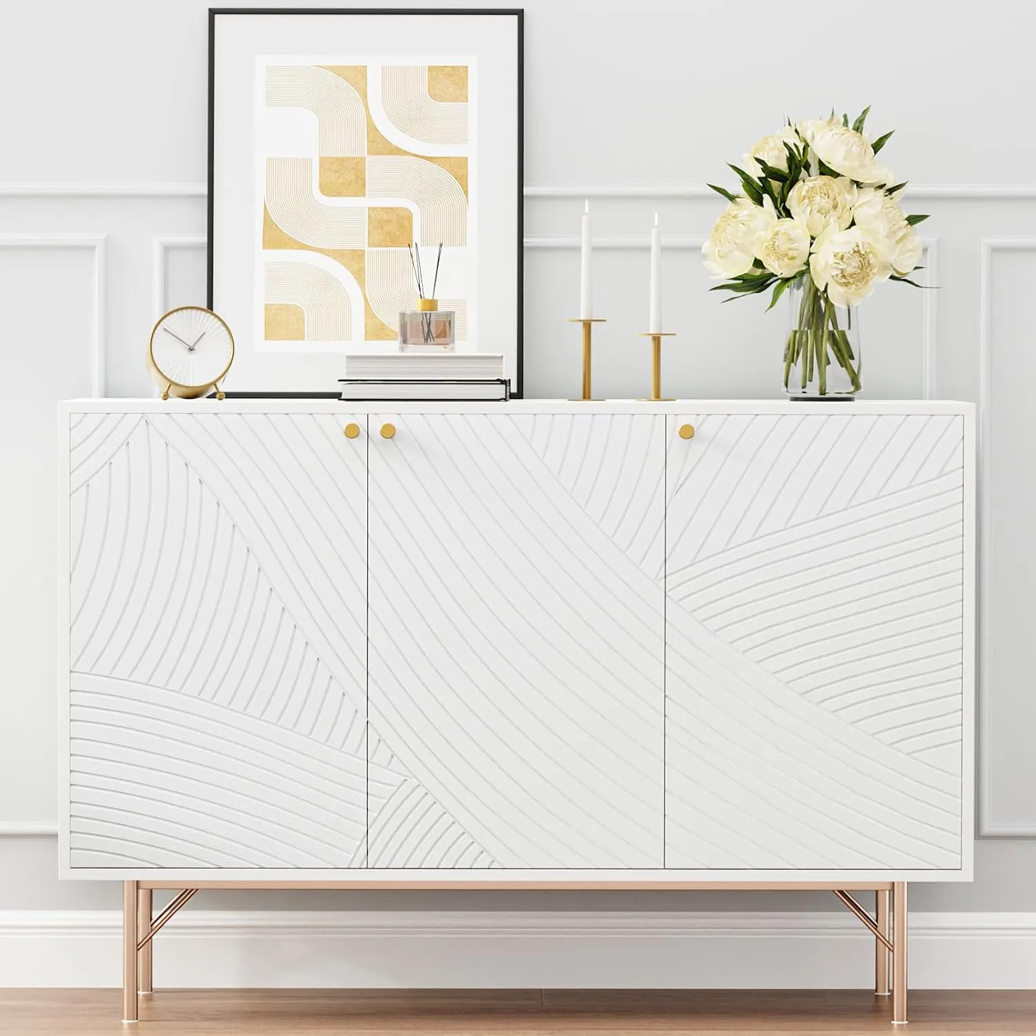 White Storage Cabinet with 3 Doors, Wood Sideboard Buffet Storage with Rose Gold Legs, Anti-tip Kit Accent Cabinet with Adjustable Shelf for Living Room, Hallway, Entryway, Dining Room