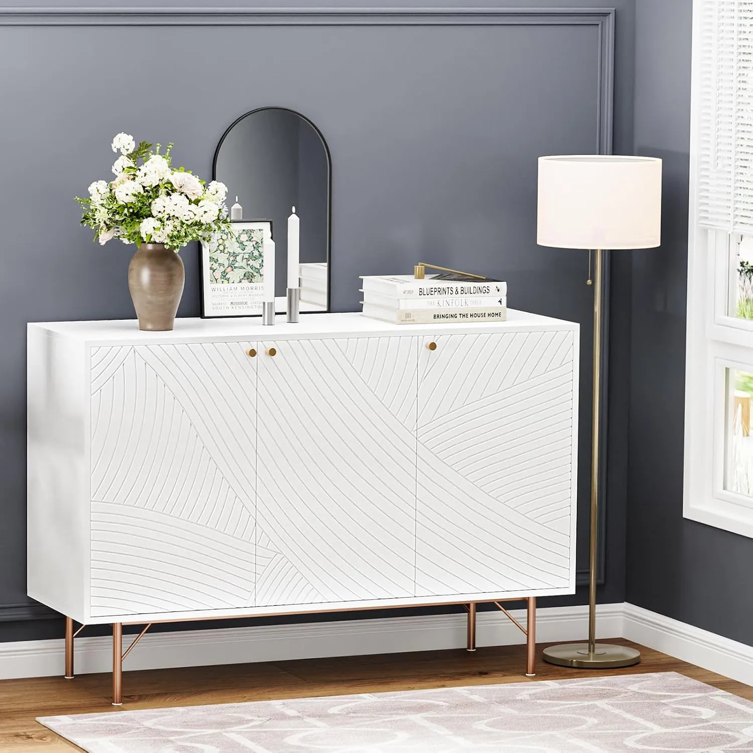 White Storage Cabinet with 3 Doors, Wood Sideboard Buffet Storage with Rose Gold Legs, Anti-tip Kit Accent Cabinet with Adjustable Shelf for Living Room, Hallway, Entryway, Dining Room