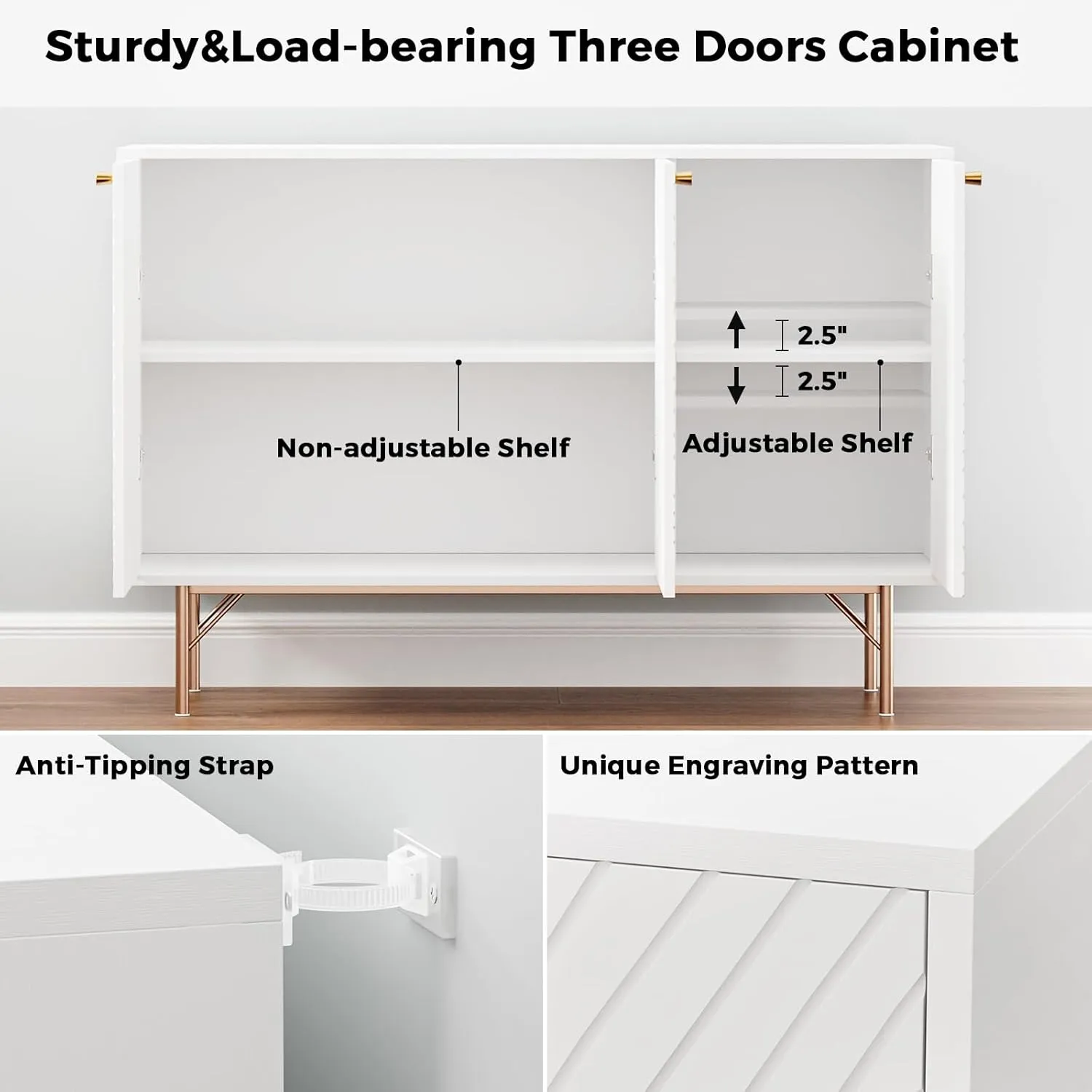 White Storage Cabinet with 3 Doors, Wood Sideboard Buffet Storage with Rose Gold Legs, Anti-tip Kit Accent Cabinet with Adjustable Shelf for Living Room, Hallway, Entryway, Dining Room