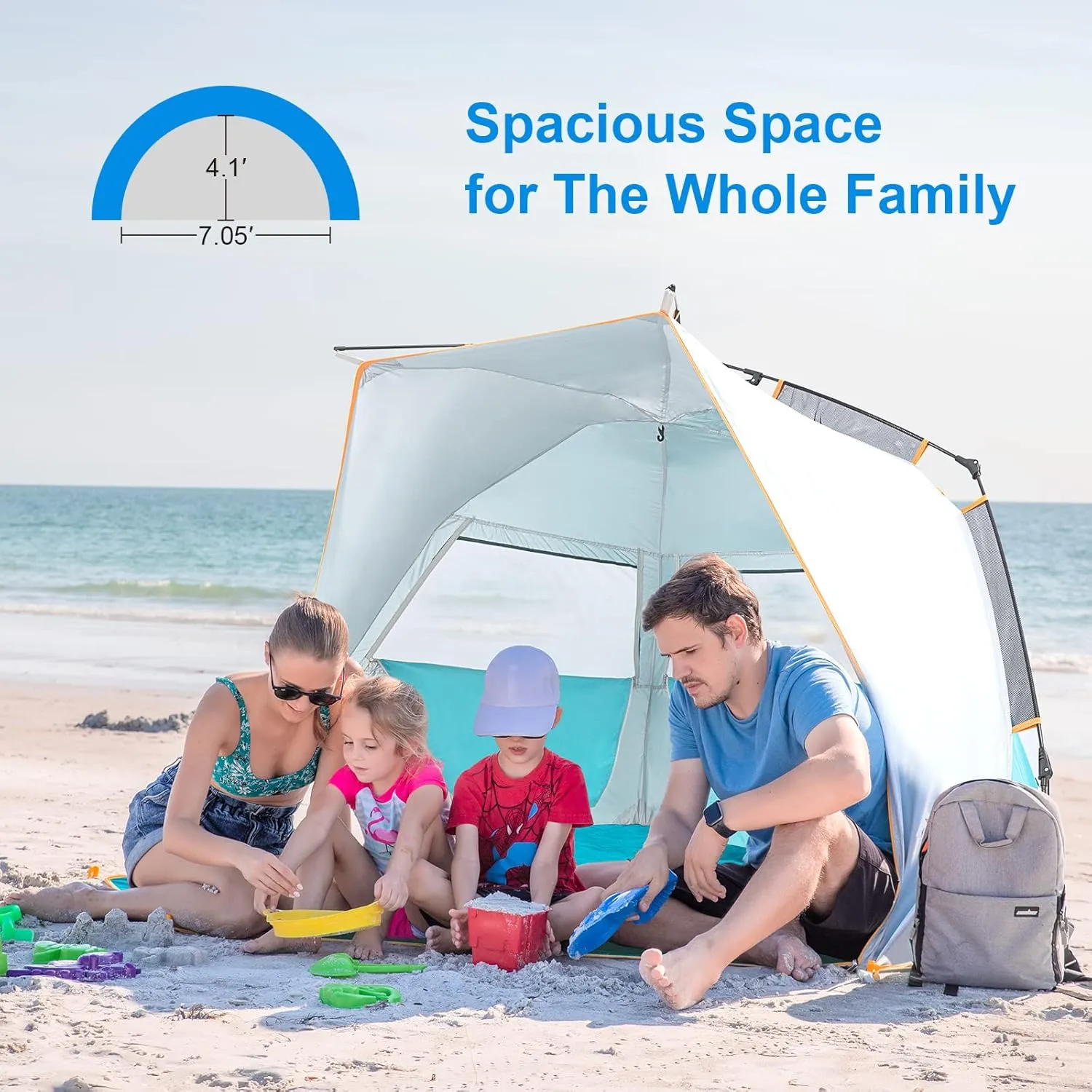 WolfWise 3-4 Person Easy Up Beach Tent UPF 50  Portable Instant Sun Shelter Canopy Umbrella with Extended Zippered Porch, Blue
