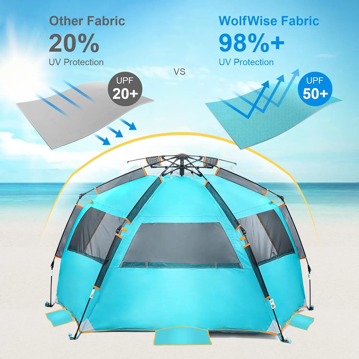 WolfWise 3-4 Person Easy Up Beach Tent UPF 50  Portable Instant Sun Shelter Canopy Umbrella with Extended Zippered Porch, Blue