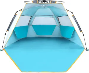 WolfWise 3-4 Person Easy Up Beach Tent UPF 50  Portable Instant Sun Shelter Canopy Umbrella with Extended Zippered Porch, Blue