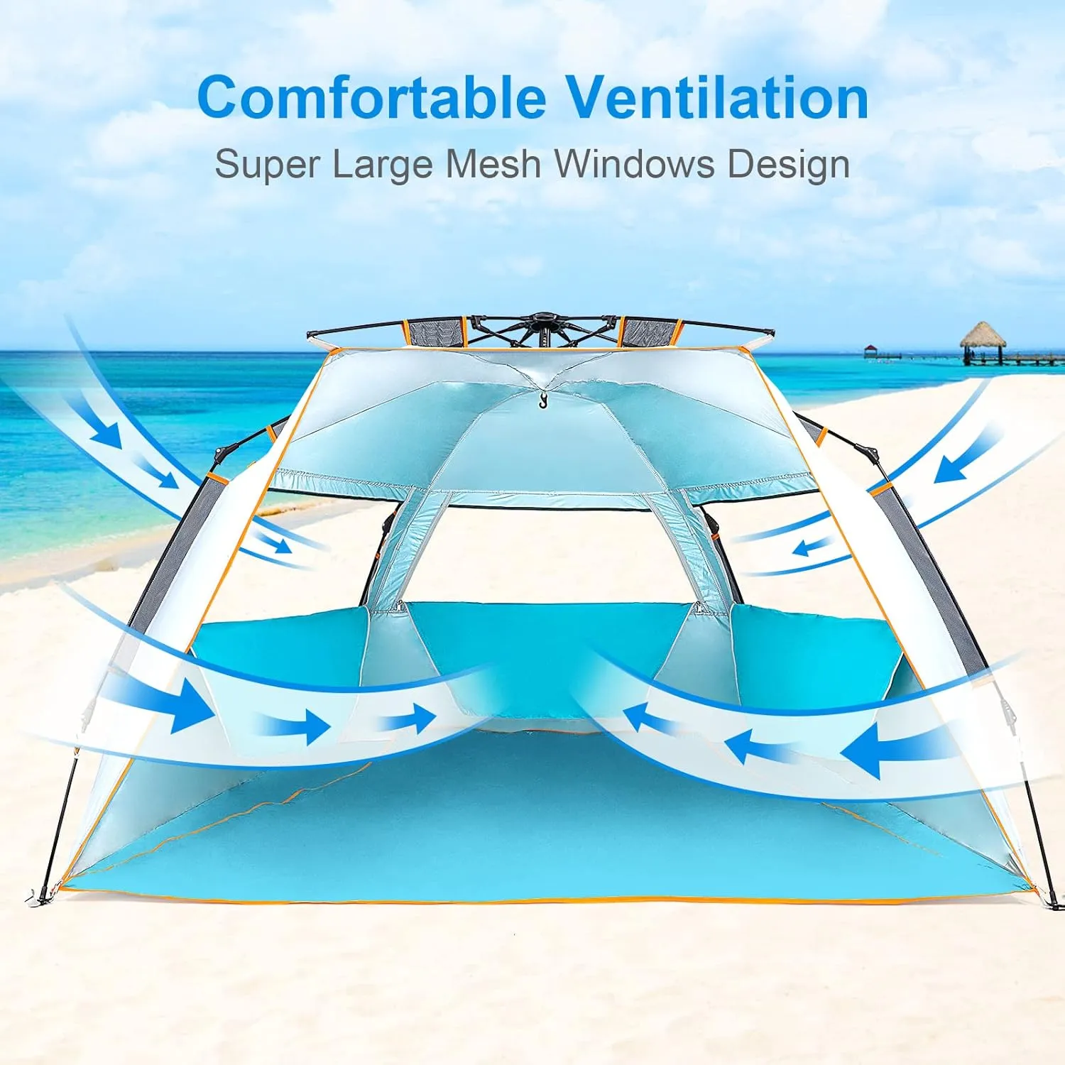 WolfWise 3-4 Person Easy Up Beach Tent UPF 50  Portable Instant Sun Shelter Canopy Umbrella with Extended Zippered Porch, Blue