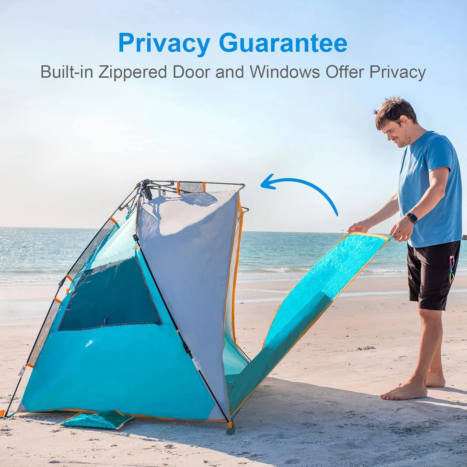 WolfWise 3-4 Person Easy Up Beach Tent UPF 50  Portable Instant Sun Shelter Canopy Umbrella with Extended Zippered Porch, Blue
