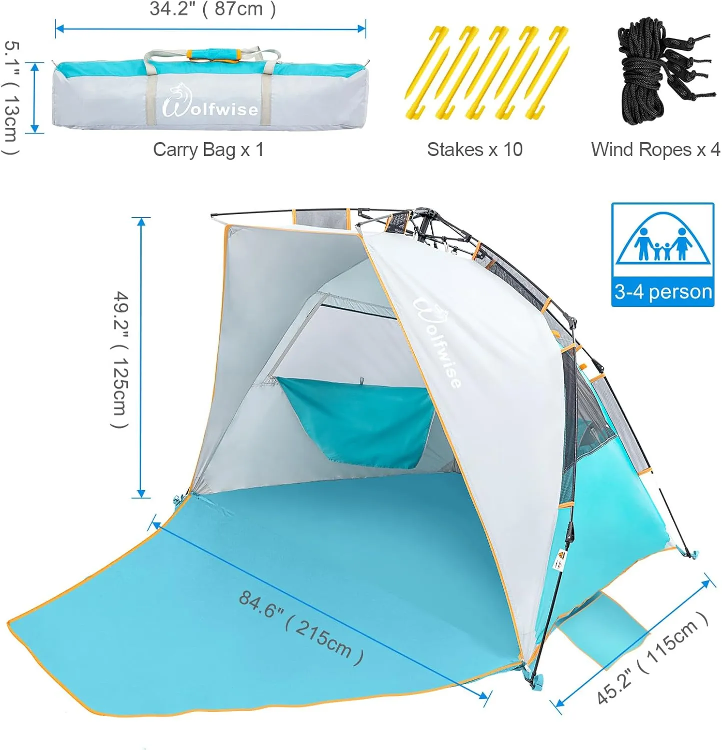 WolfWise 3-4 Person Easy Up Beach Tent UPF 50  Portable Instant Sun Shelter Canopy Umbrella with Extended Zippered Porch, Blue