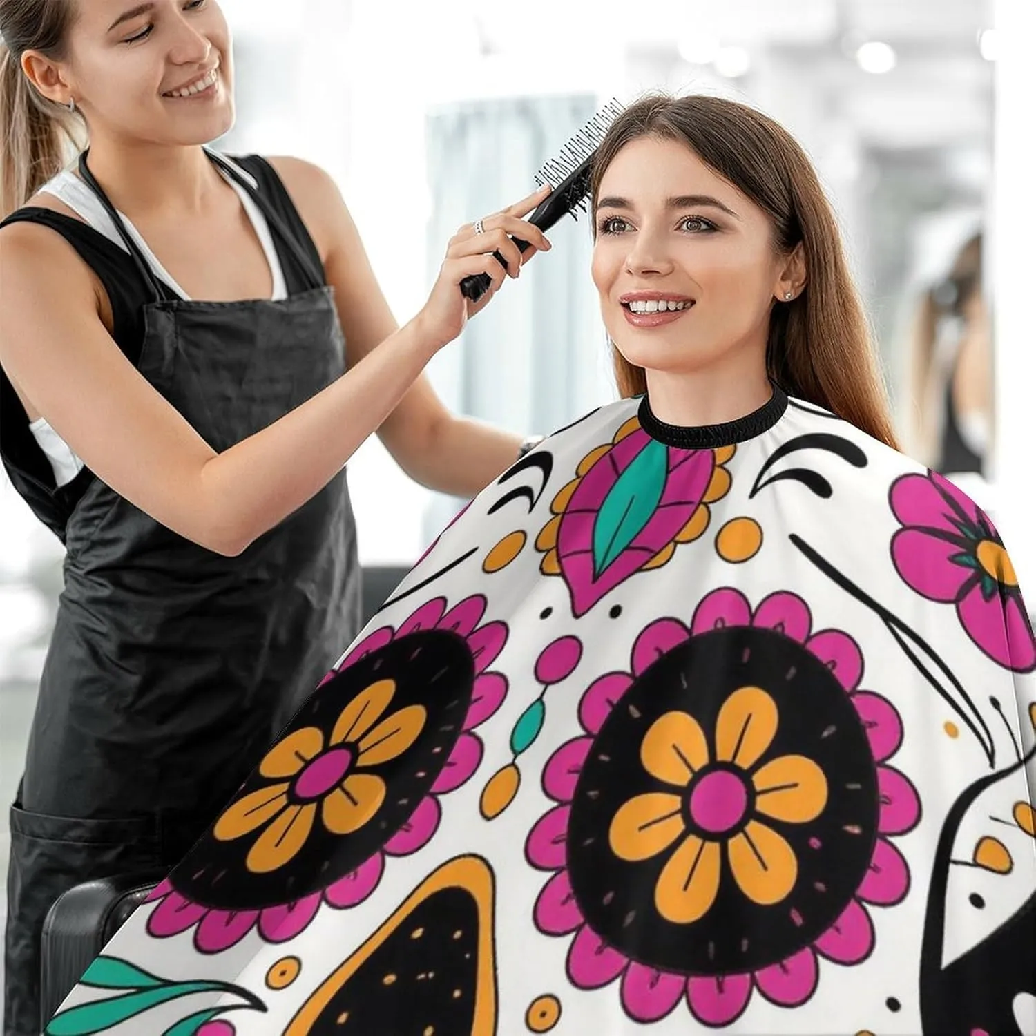 Women Mexican Sugar Skull Flower Art Haircut Barber Cape Cover - Extra Large Hairdressing Apron for Home Stylists, Easy Clean