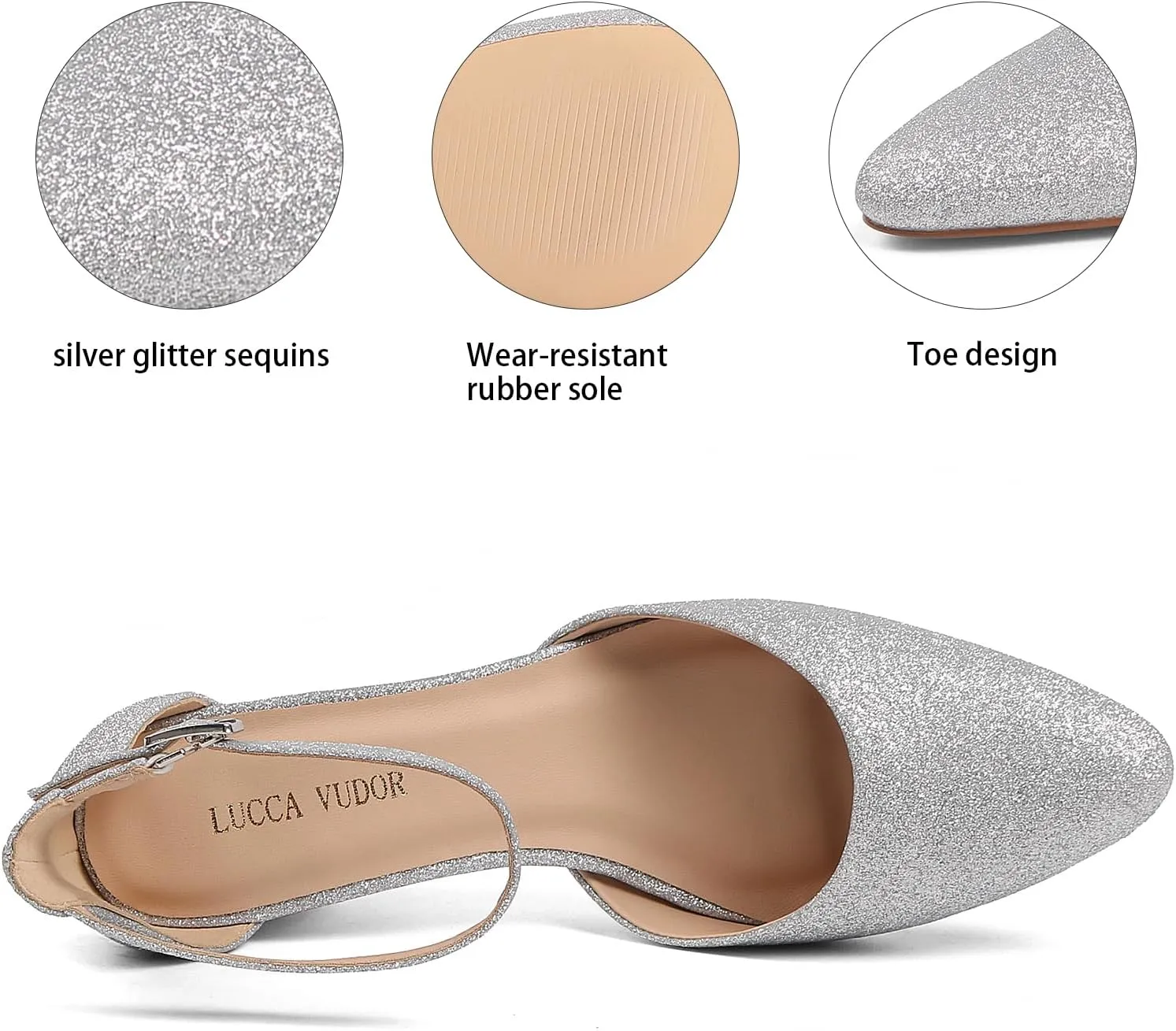 Women's Closed Toe Heels Pointed Low Heeled Chunky Shoes Nude Strap Dress Wedding High Heels