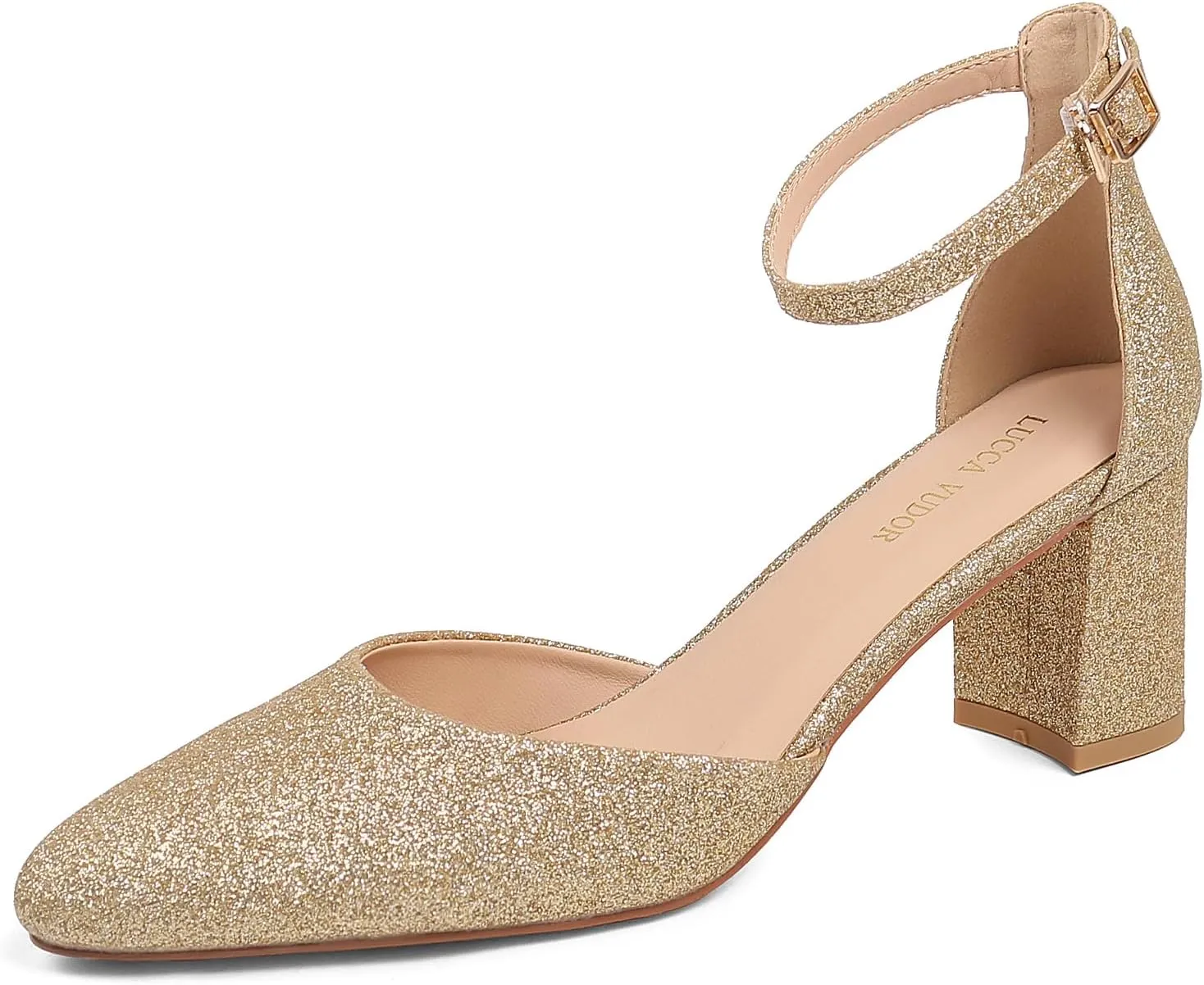 Women's Closed Toe Heels Pointed Low Heeled Chunky Shoes Nude Strap Dress Wedding High Heels