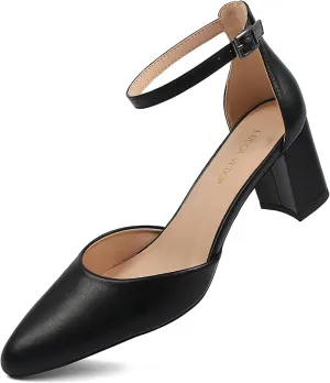Women's Closed Toe Heels Pointed Low Heeled Chunky Shoes Nude Strap Dress Wedding High Heels