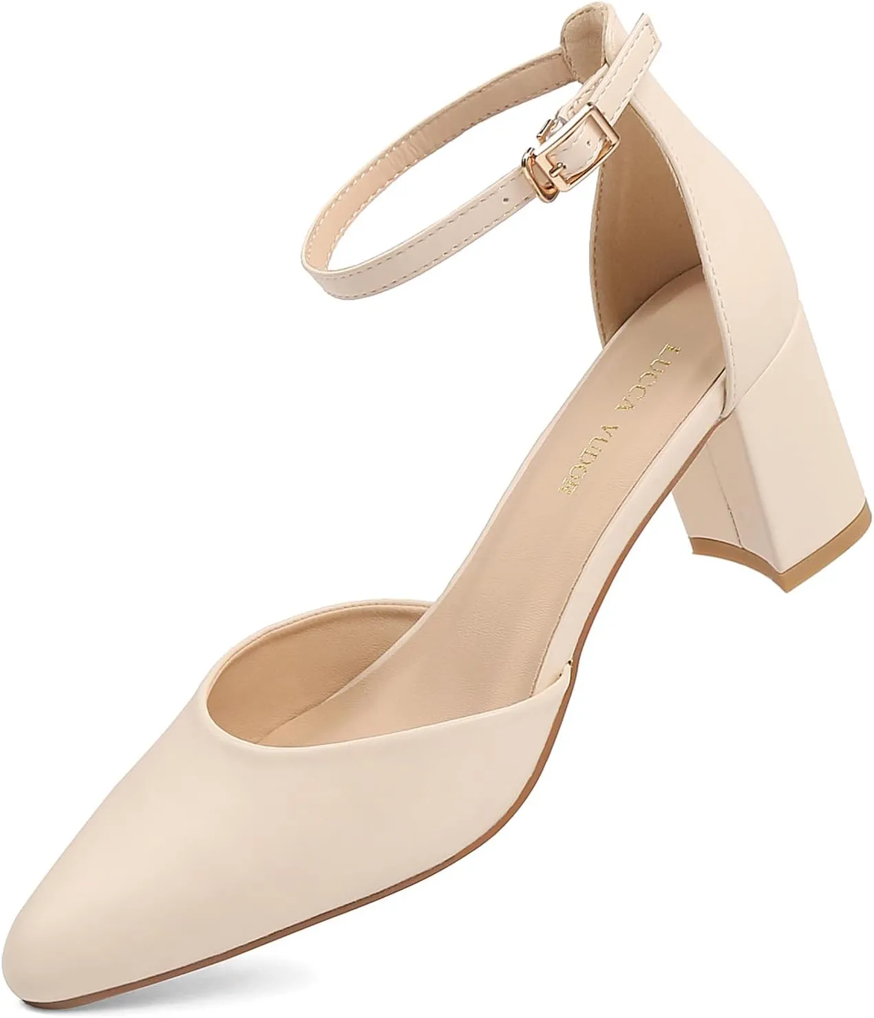 Women's Closed Toe Heels Pointed Low Heeled Chunky Shoes Nude Strap Dress Wedding High Heels