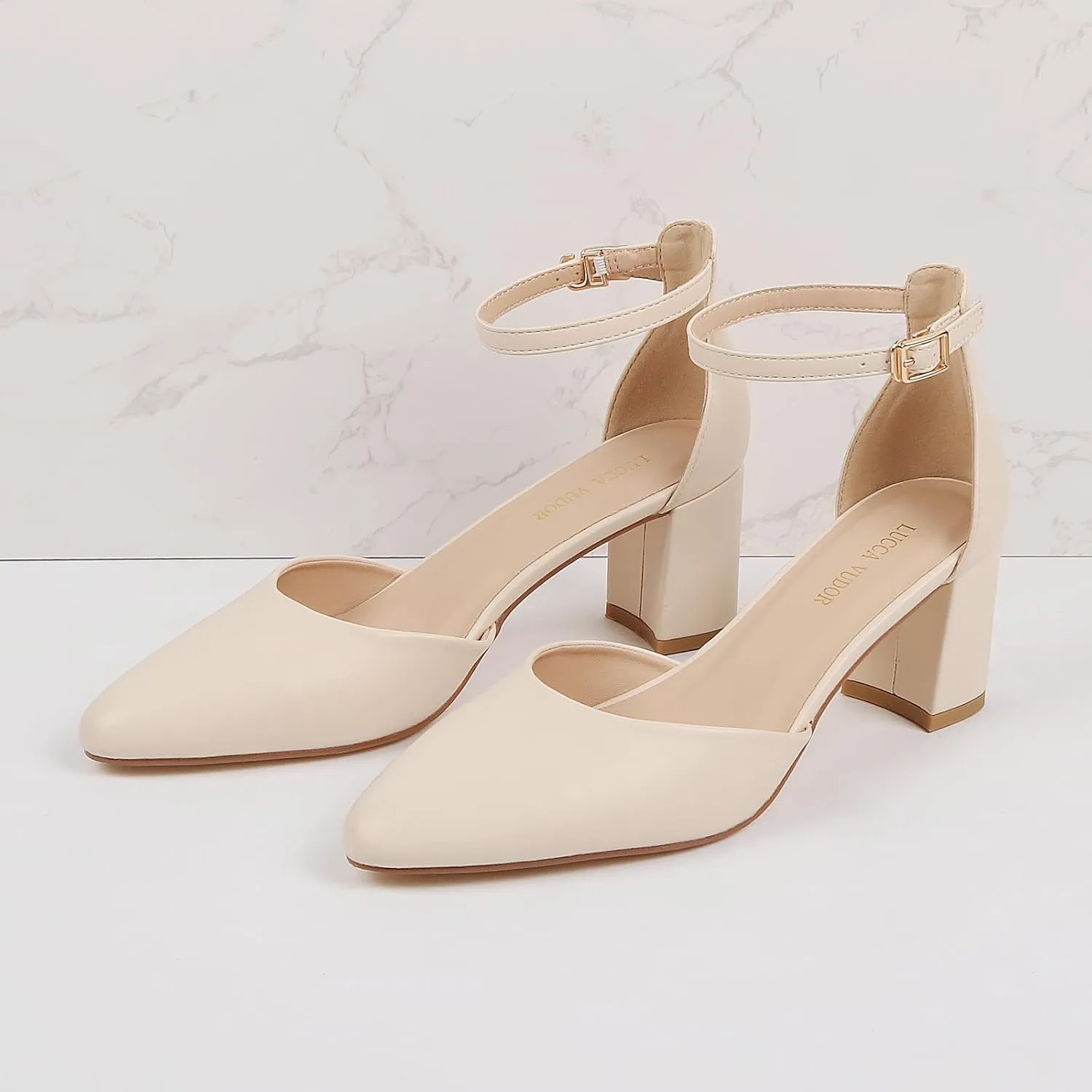 Women's Closed Toe Heels Pointed Low Heeled Chunky Shoes Nude Strap Dress Wedding High Heels