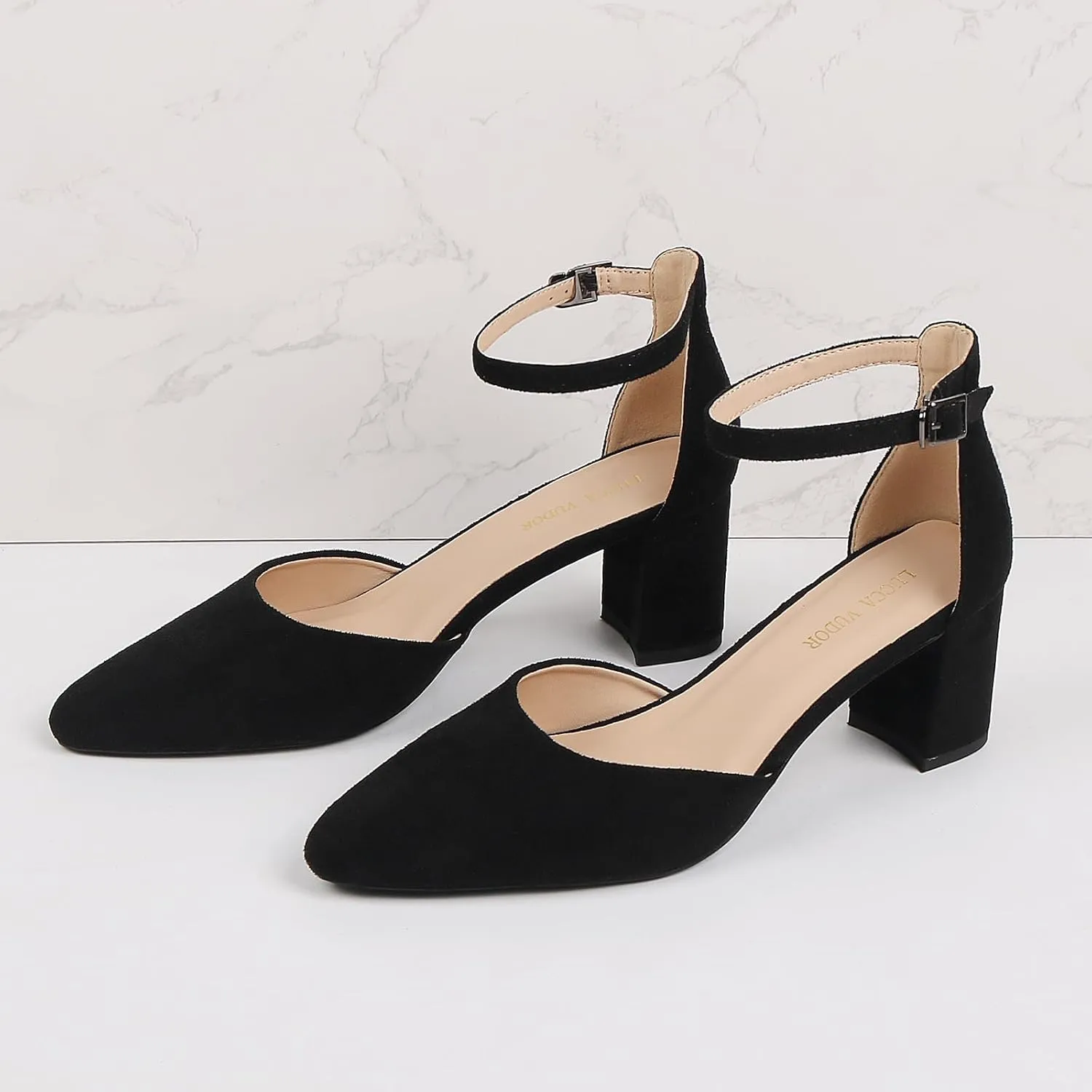 Women's Closed Toe Heels Pointed Low Heeled Chunky Shoes Nude Strap Dress Wedding High Heels