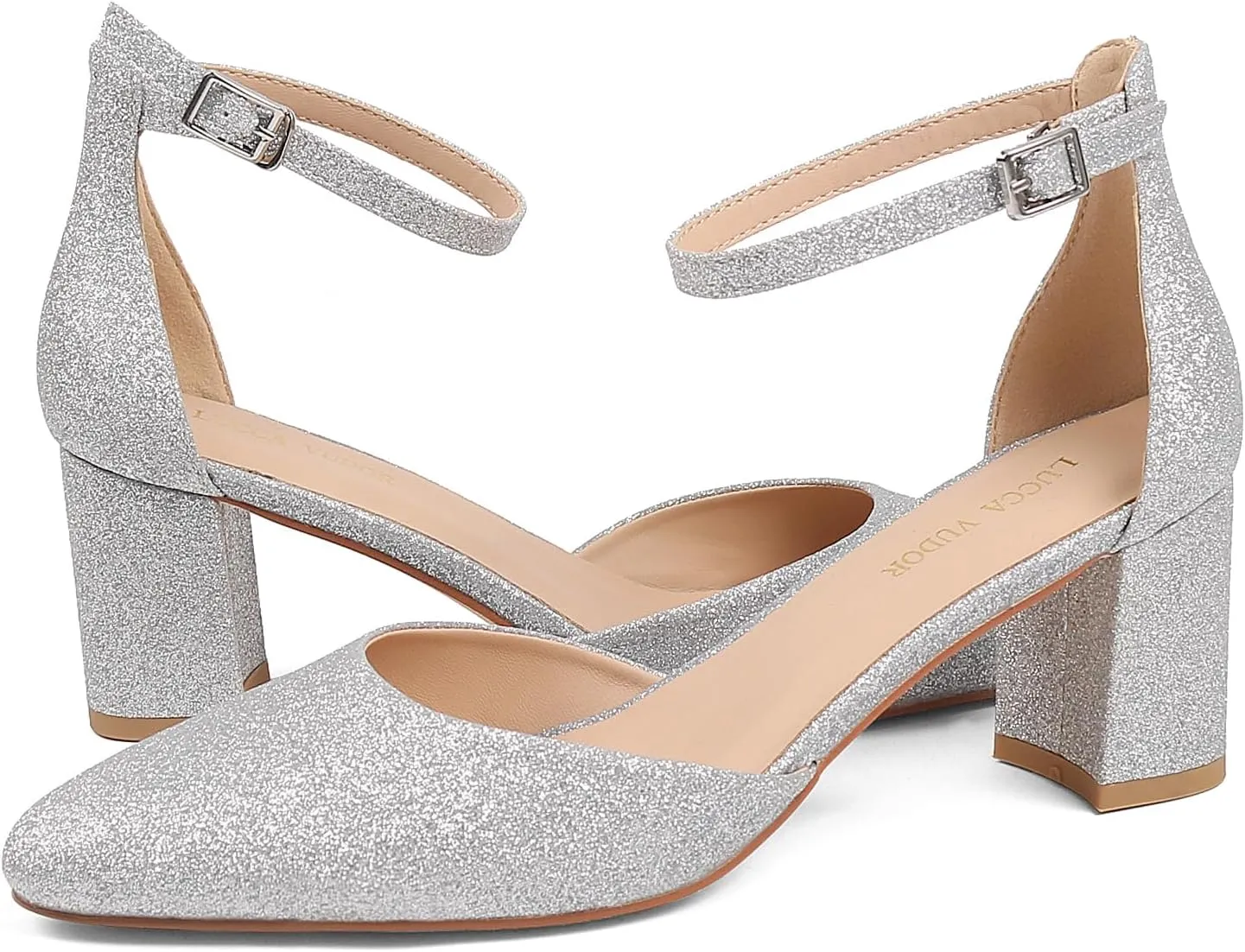 Women's Closed Toe Heels Pointed Low Heeled Chunky Shoes Nude Strap Dress Wedding High Heels