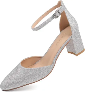 Women's Closed Toe Heels Pointed Low Heeled Chunky Shoes Nude Strap Dress Wedding High Heels
