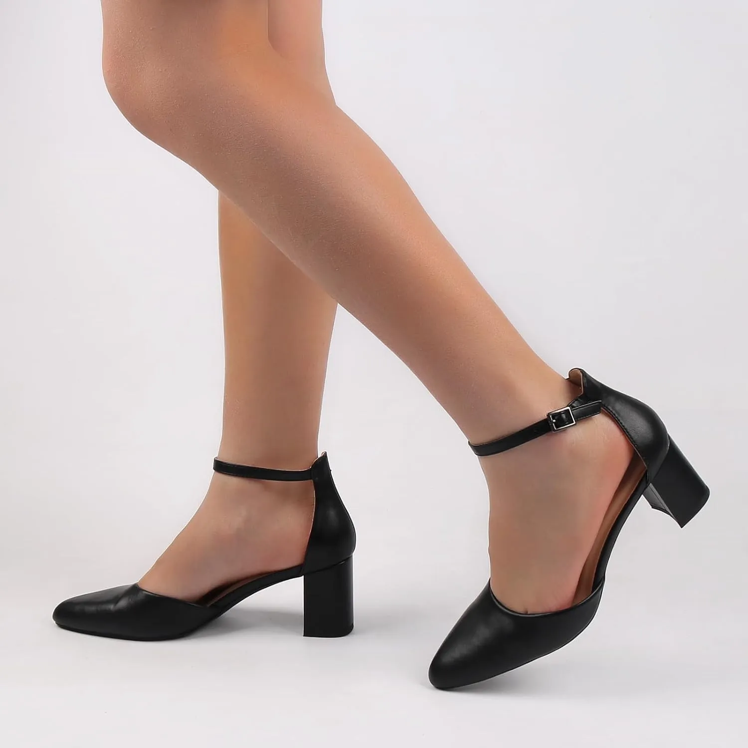 Women's Closed Toe Heels Pointed Low Heeled Chunky Shoes Nude Strap Dress Wedding High Heels