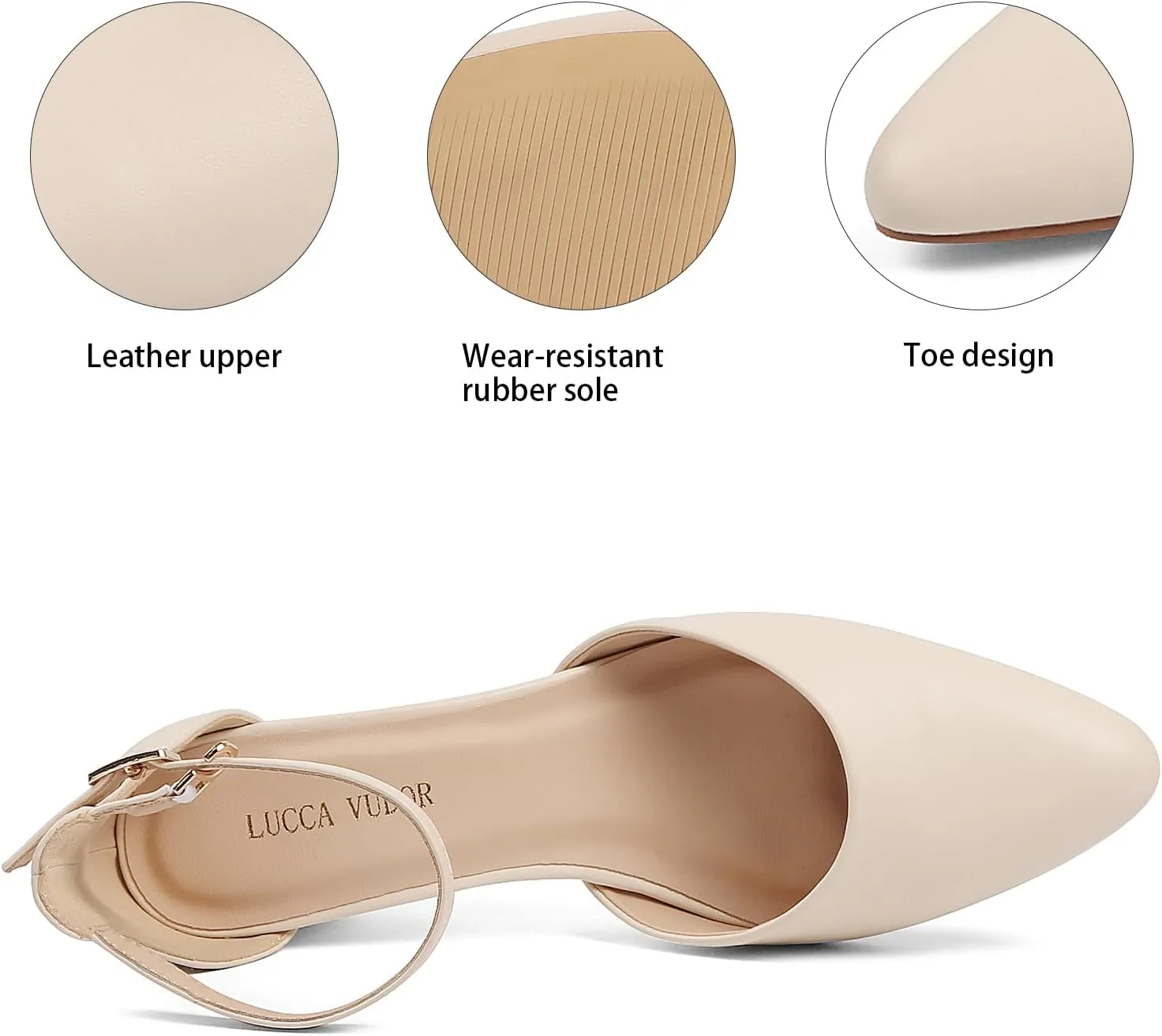 Women's Closed Toe Heels Pointed Low Heeled Chunky Shoes Nude Strap Dress Wedding High Heels