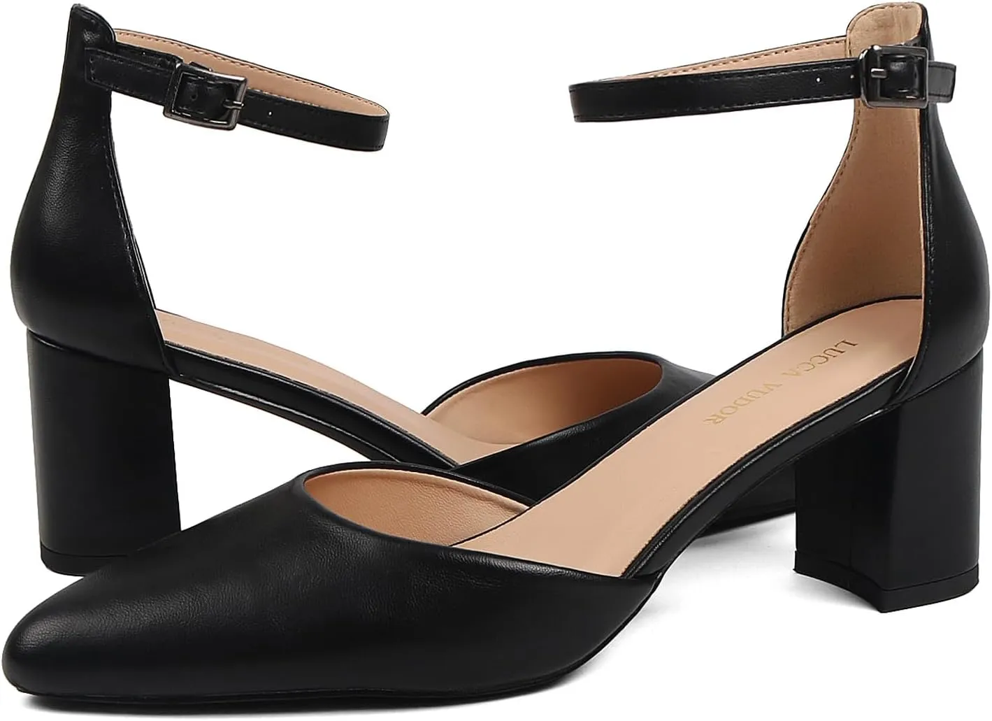 Women's Closed Toe Heels Pointed Low Heeled Chunky Shoes Nude Strap Dress Wedding High Heels