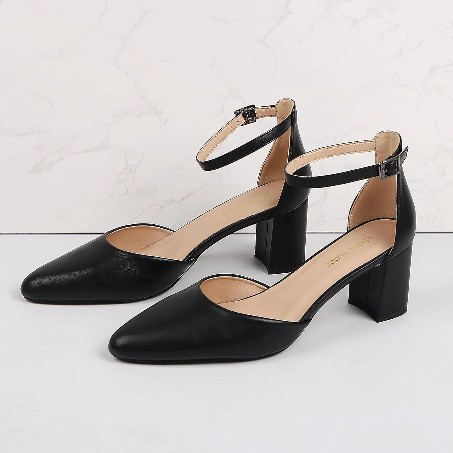 Women's Closed Toe Heels Pointed Low Heeled Chunky Shoes Nude Strap Dress Wedding High Heels