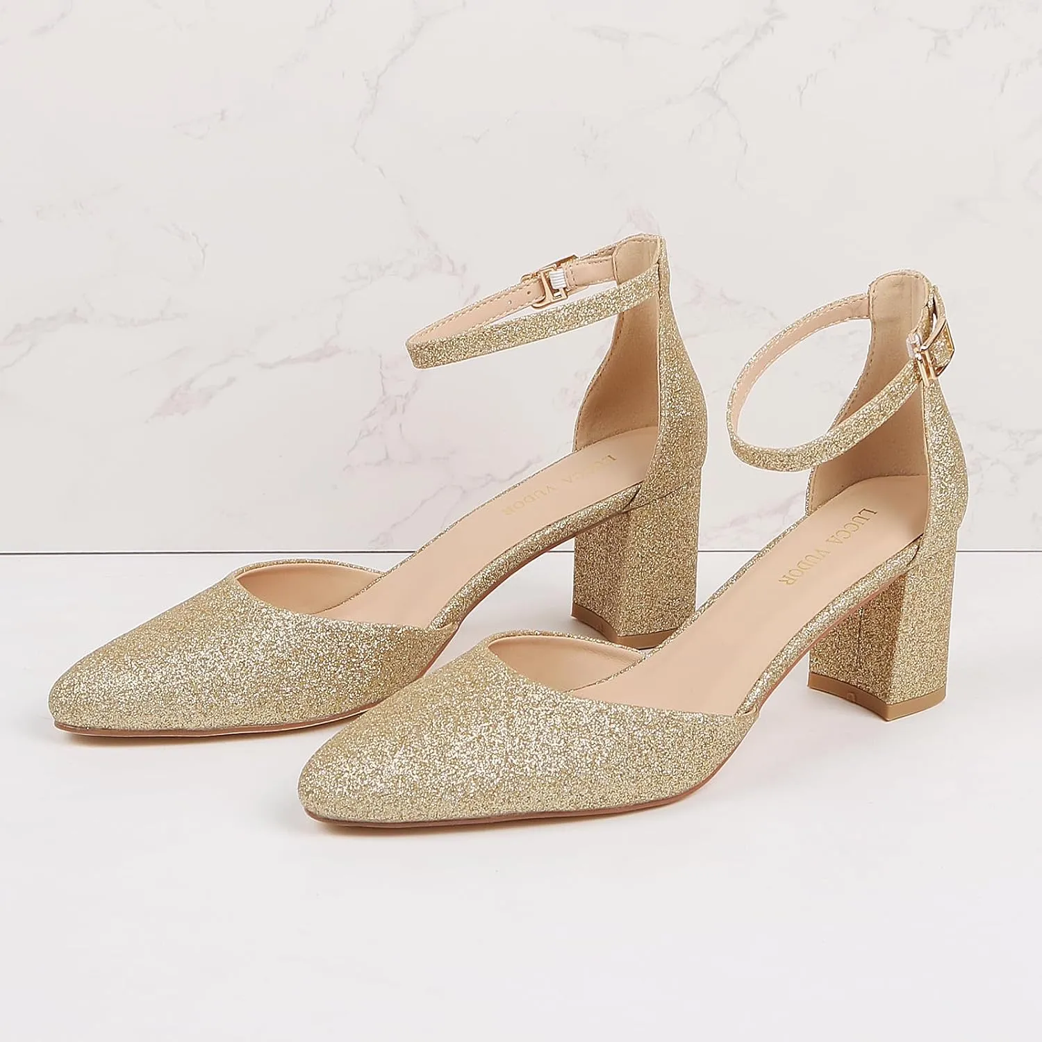 Women's Closed Toe Heels Pointed Low Heeled Chunky Shoes Nude Strap Dress Wedding High Heels