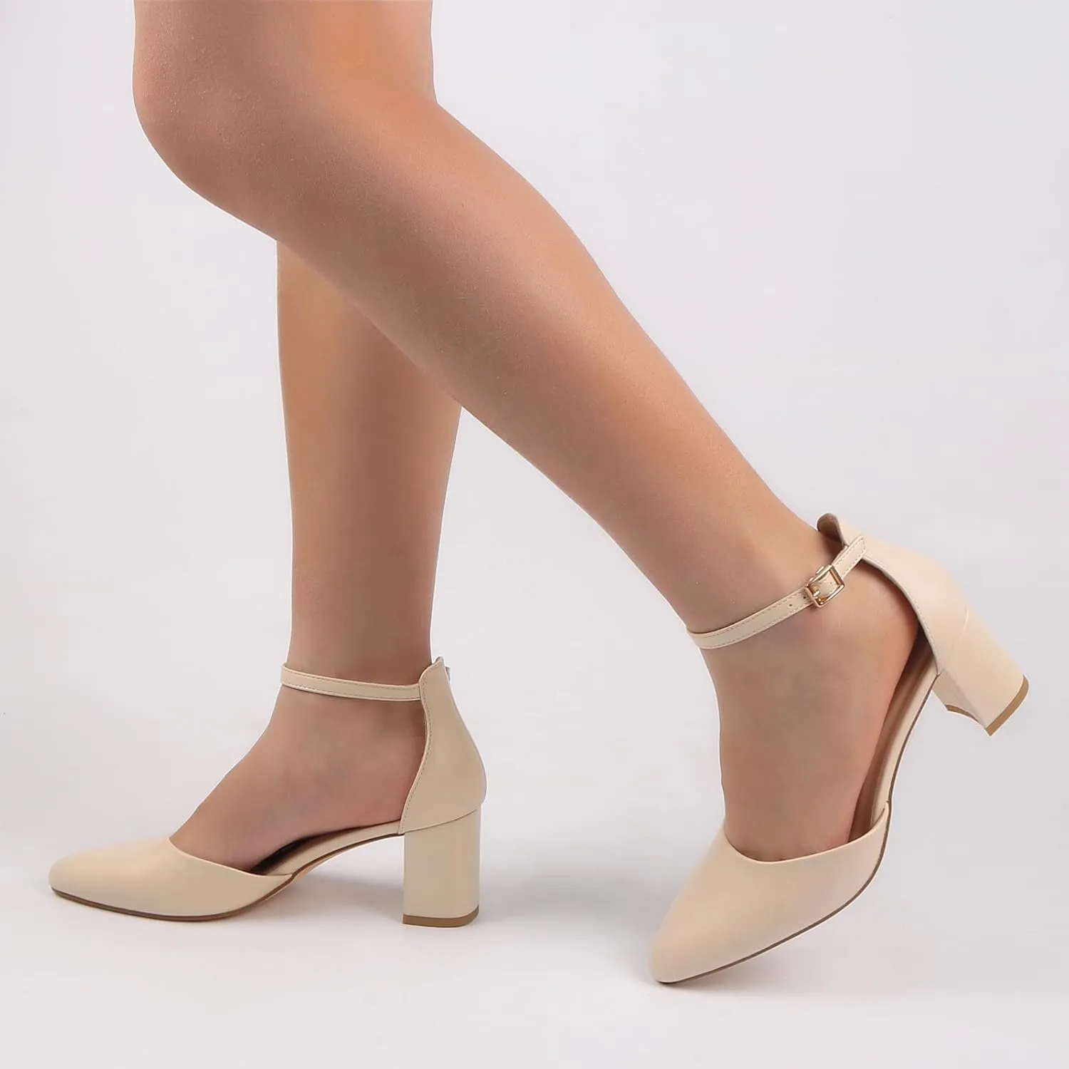 Women's Closed Toe Heels Pointed Low Heeled Chunky Shoes Nude Strap Dress Wedding High Heels