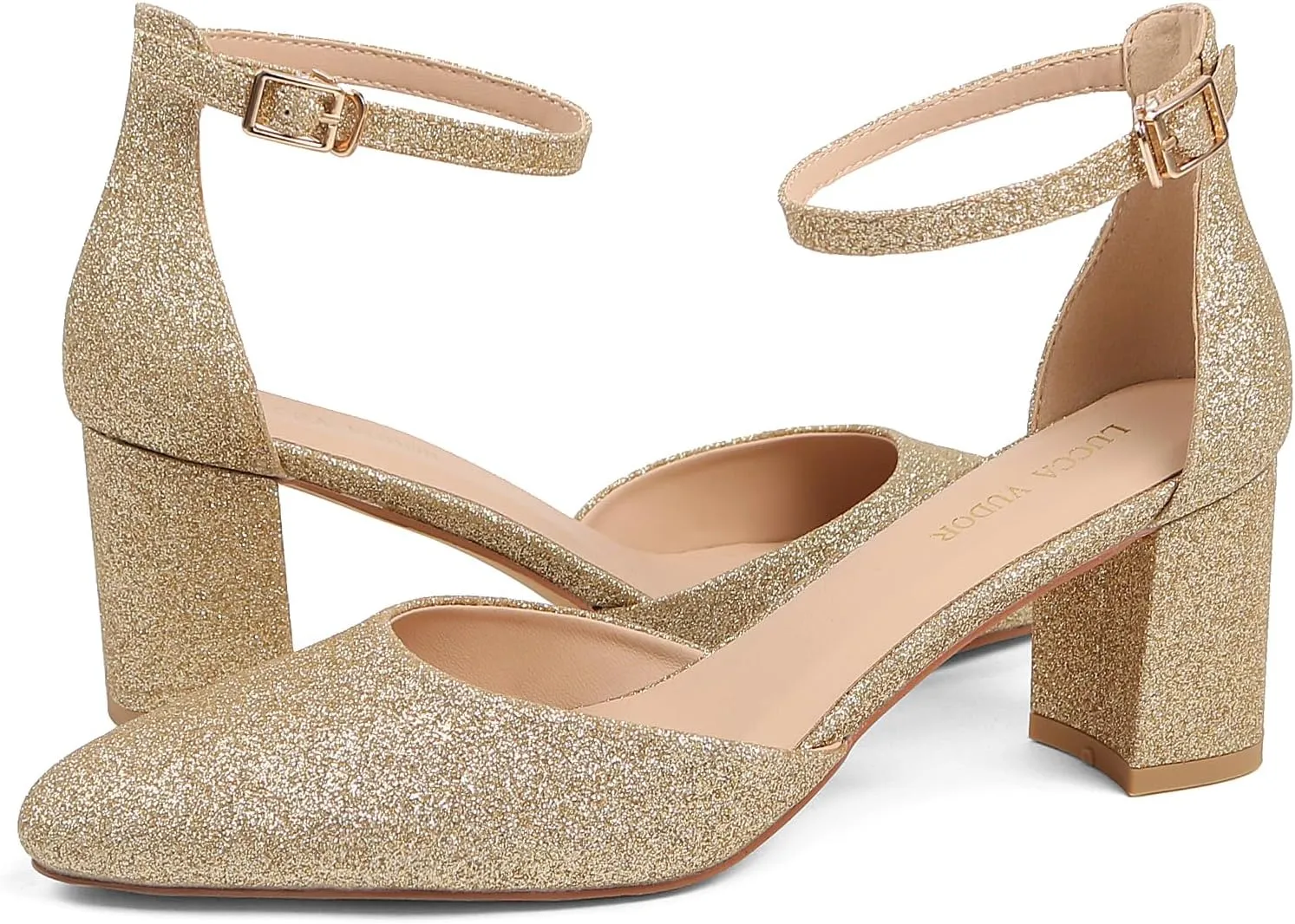 Women's Closed Toe Heels Pointed Low Heeled Chunky Shoes Nude Strap Dress Wedding High Heels