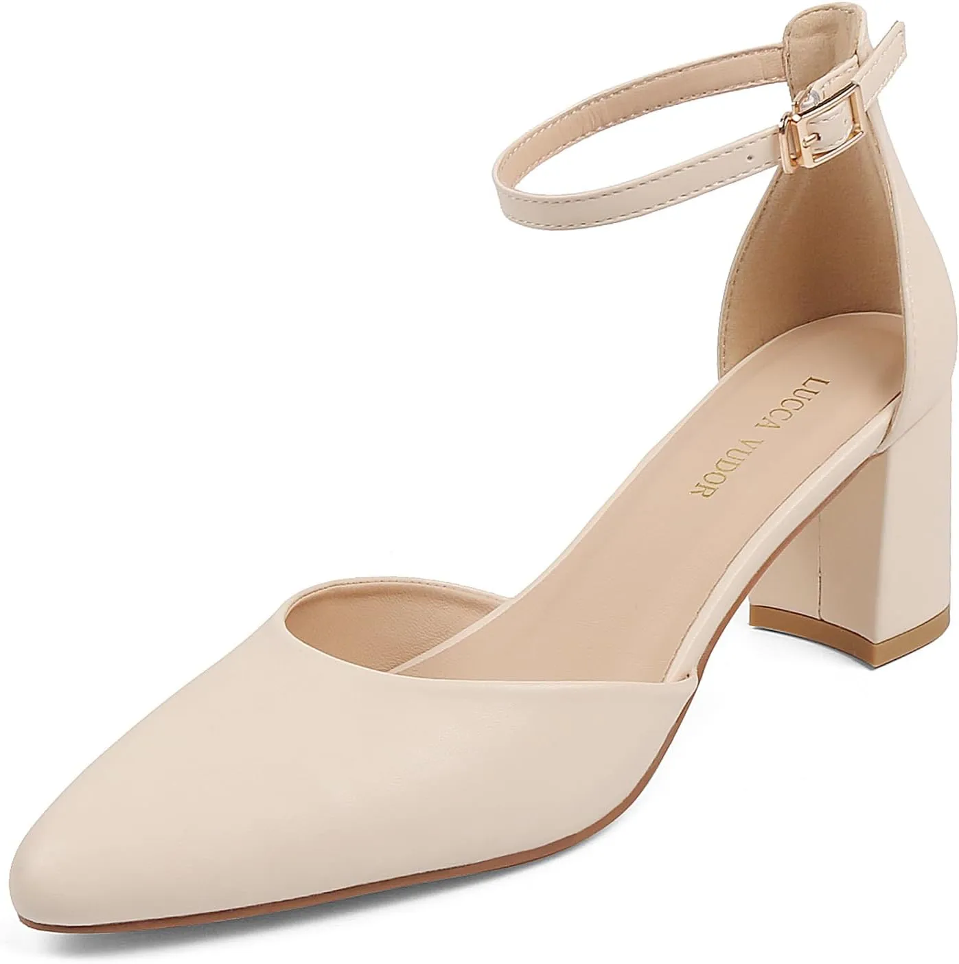Women's Closed Toe Heels Pointed Low Heeled Chunky Shoes Nude Strap Dress Wedding High Heels