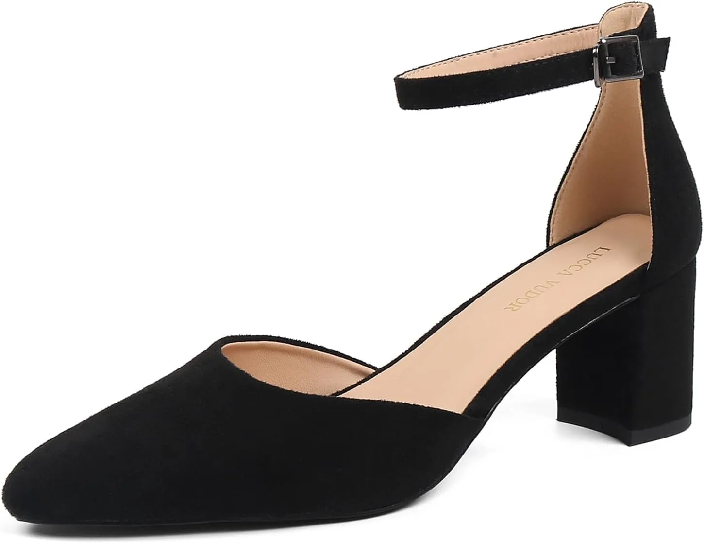 Women's Closed Toe Heels Pointed Low Heeled Chunky Shoes Nude Strap Dress Wedding High Heels