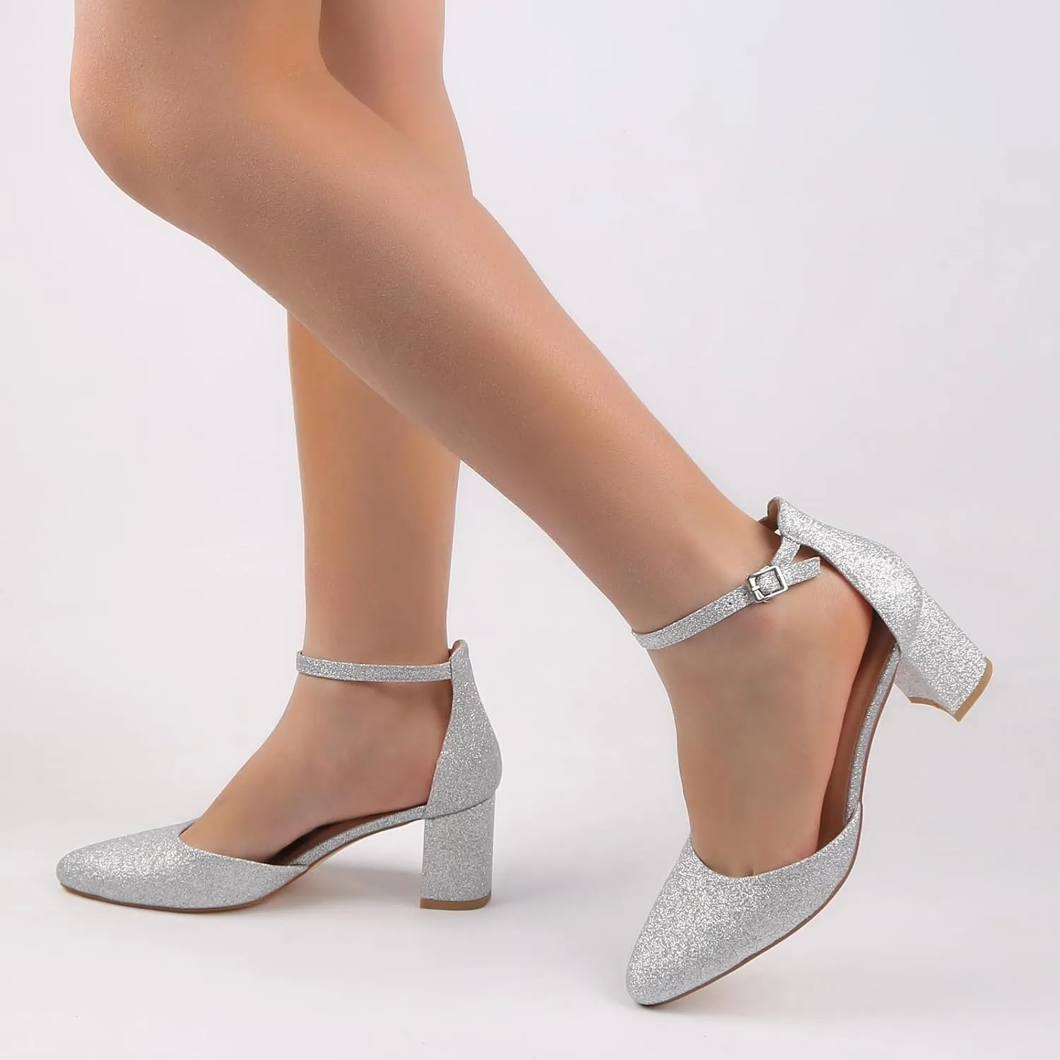 Women's Closed Toe Heels Pointed Low Heeled Chunky Shoes Nude Strap Dress Wedding High Heels